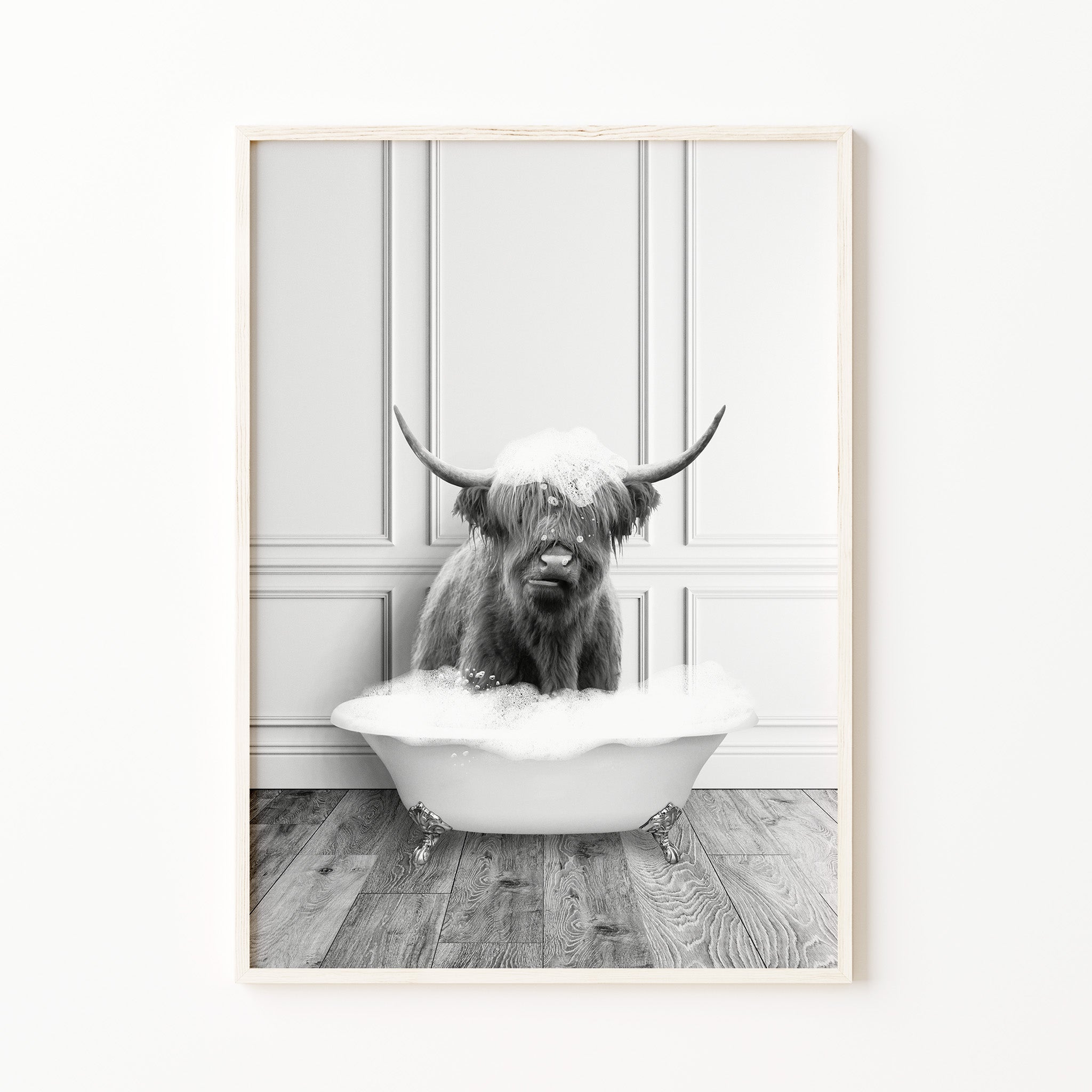 Black and white highland cow bathroom wall art,  b&w funny animal bath print, minimalist rustic decor