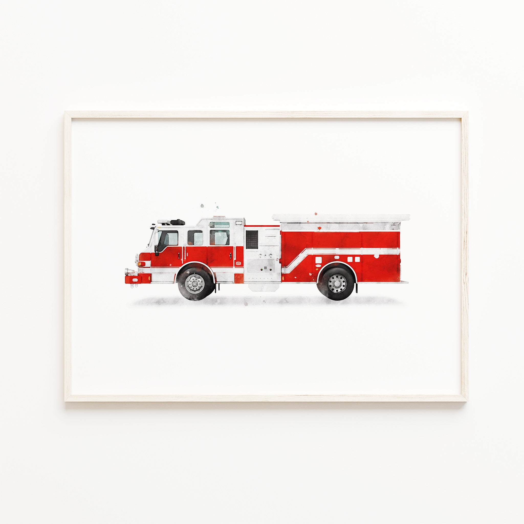 red fire truck watercolor wall art, kids emergency vehicle print, firefighter truck nursery decor for baby boy, boys room large digital download
