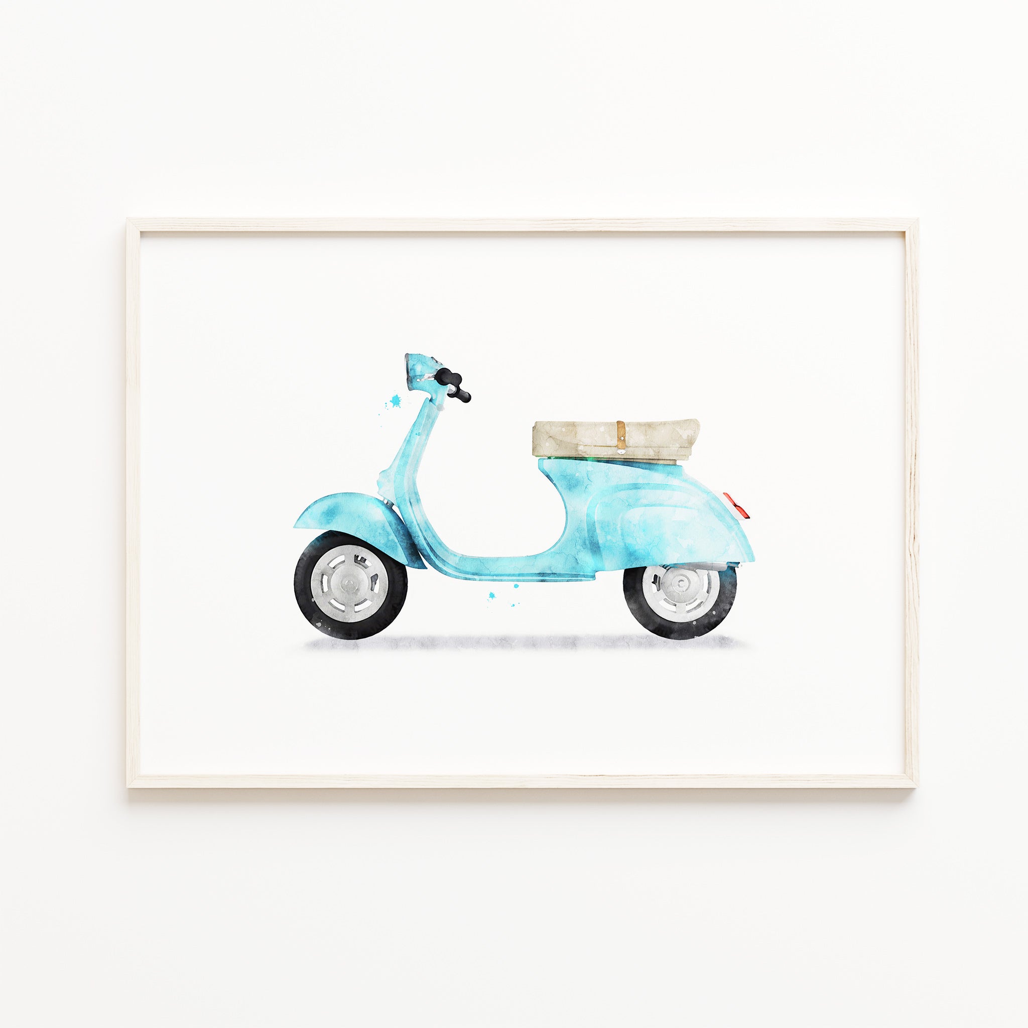 blue turquoise scooter wall art printable, blue vespa style watercolor illustration, kids room wall art, boys print, transportation wall art decor, large printable wall art