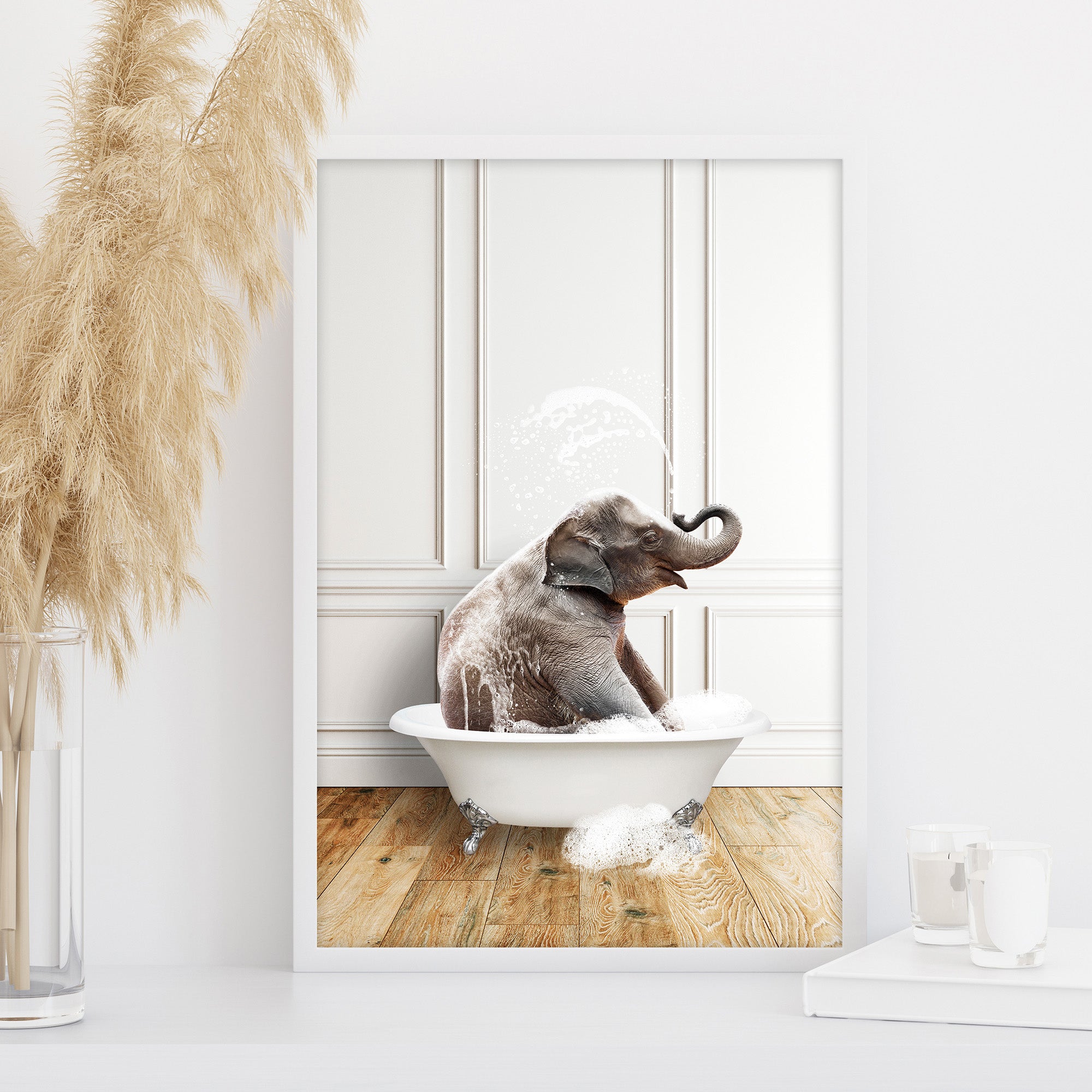 Cute elephant bath poster, whimsical animal wall art, neutral nursery or bathroom decor, large digital download