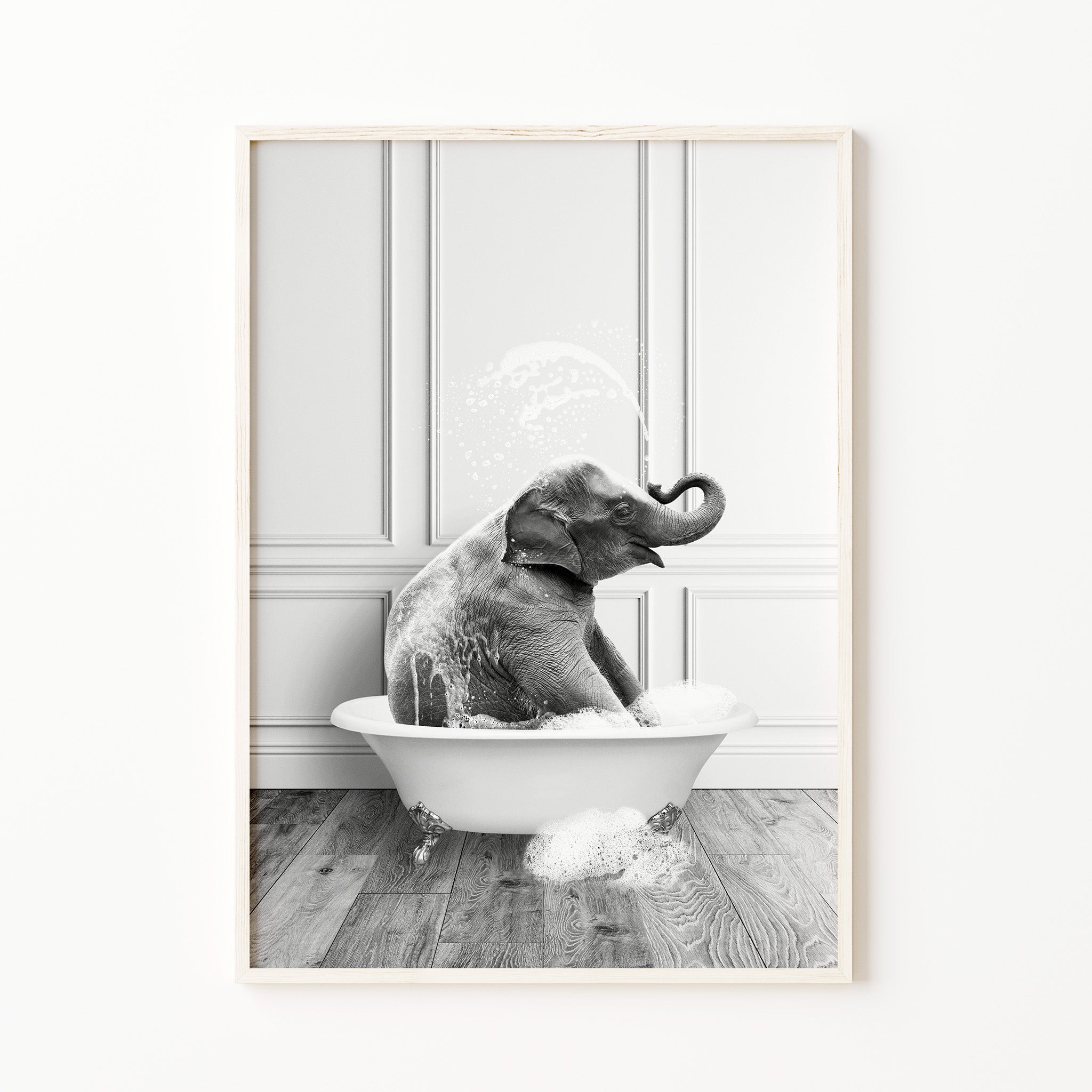 Black & white cute elephant bathroom wall art, funny animal bathtub print, minimalist spa decor