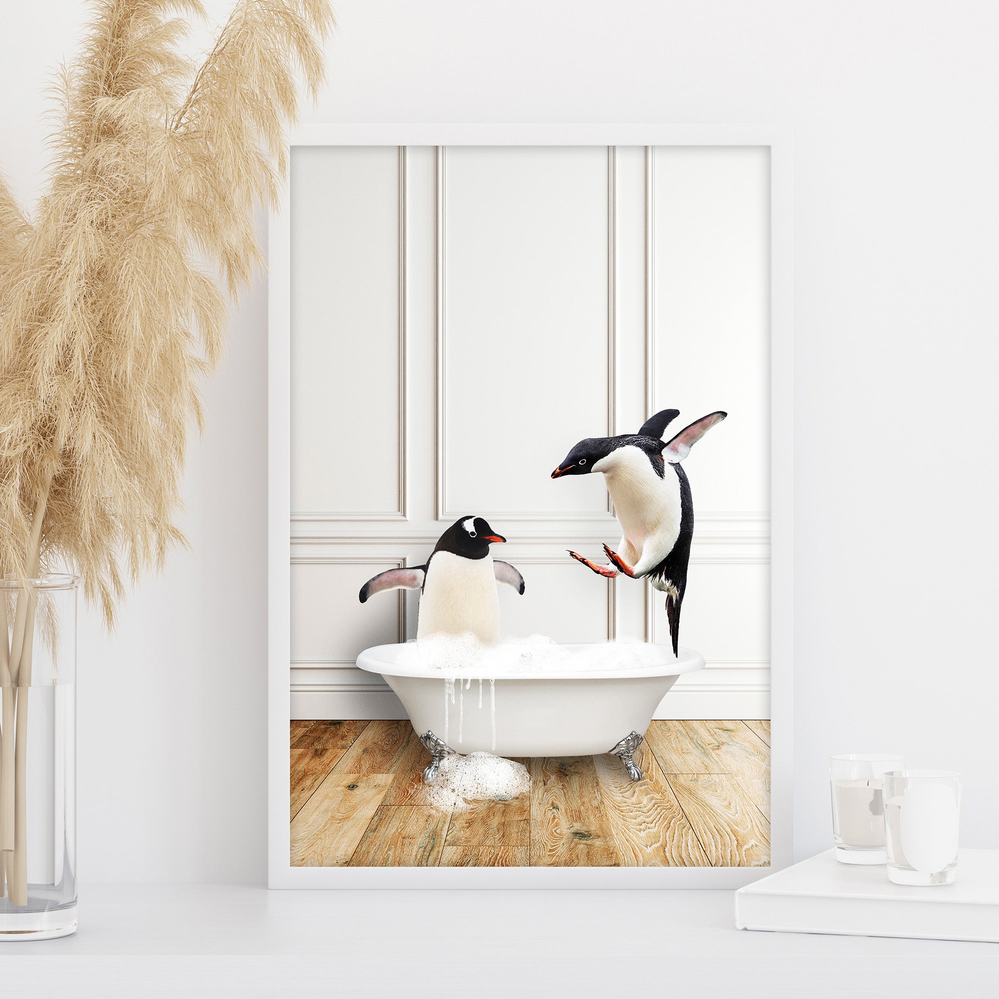 Penguin bath printable wall art, whimsical animal bathroom decor, kids bathroom poster, large printable wall art