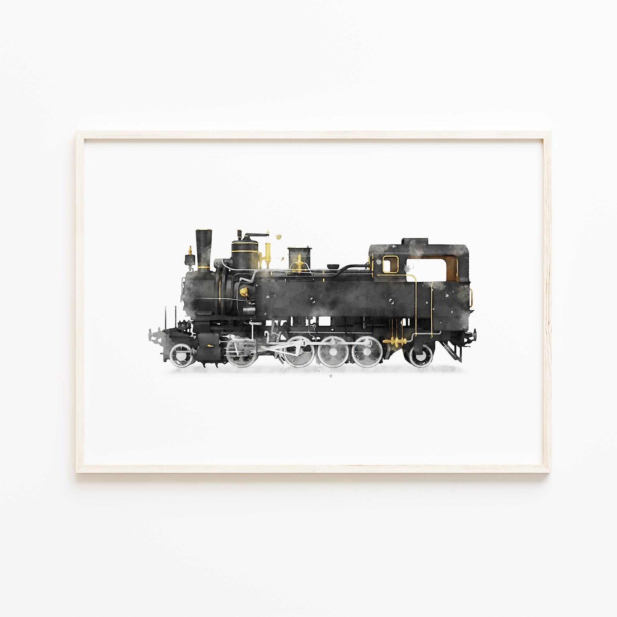 old train wall art print, vintage black steam locomotive watercolor wall art, boys room wall art decor, transportation theme baby room decor