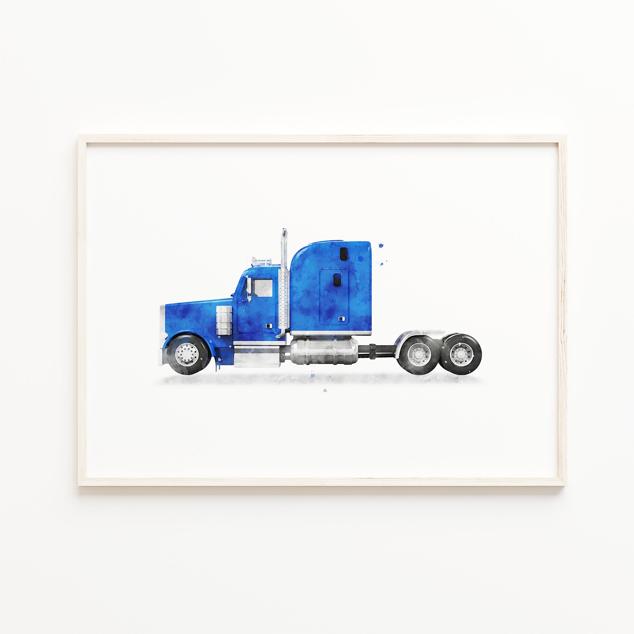 blue watercolor semi truck wall art print, big rig truck illustration, transportation nursery decor, boys room printable wall art