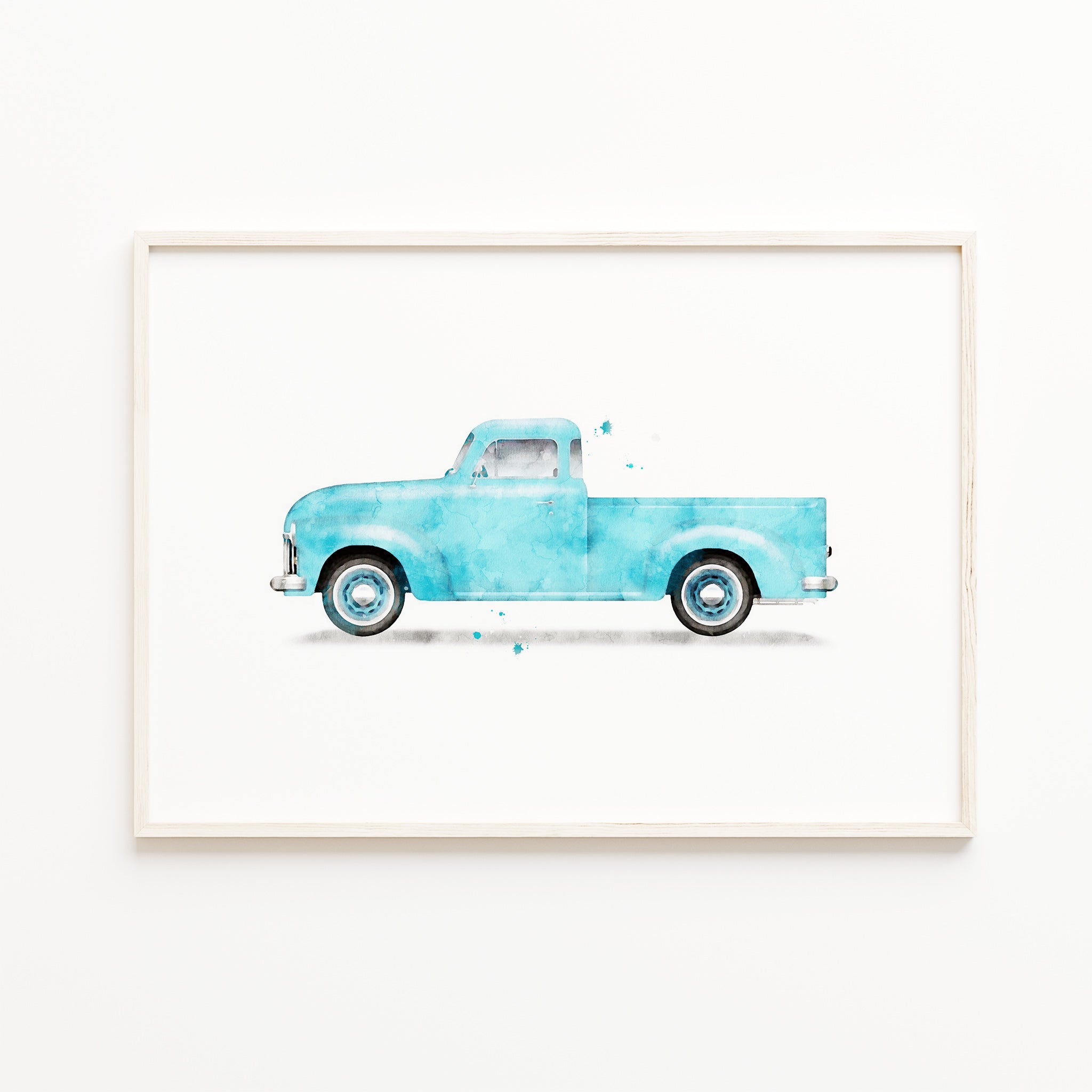 blue pickup truck wall art print, watercolor classic car wall art, retro vehicle wall art, boys room art decor, large instant download