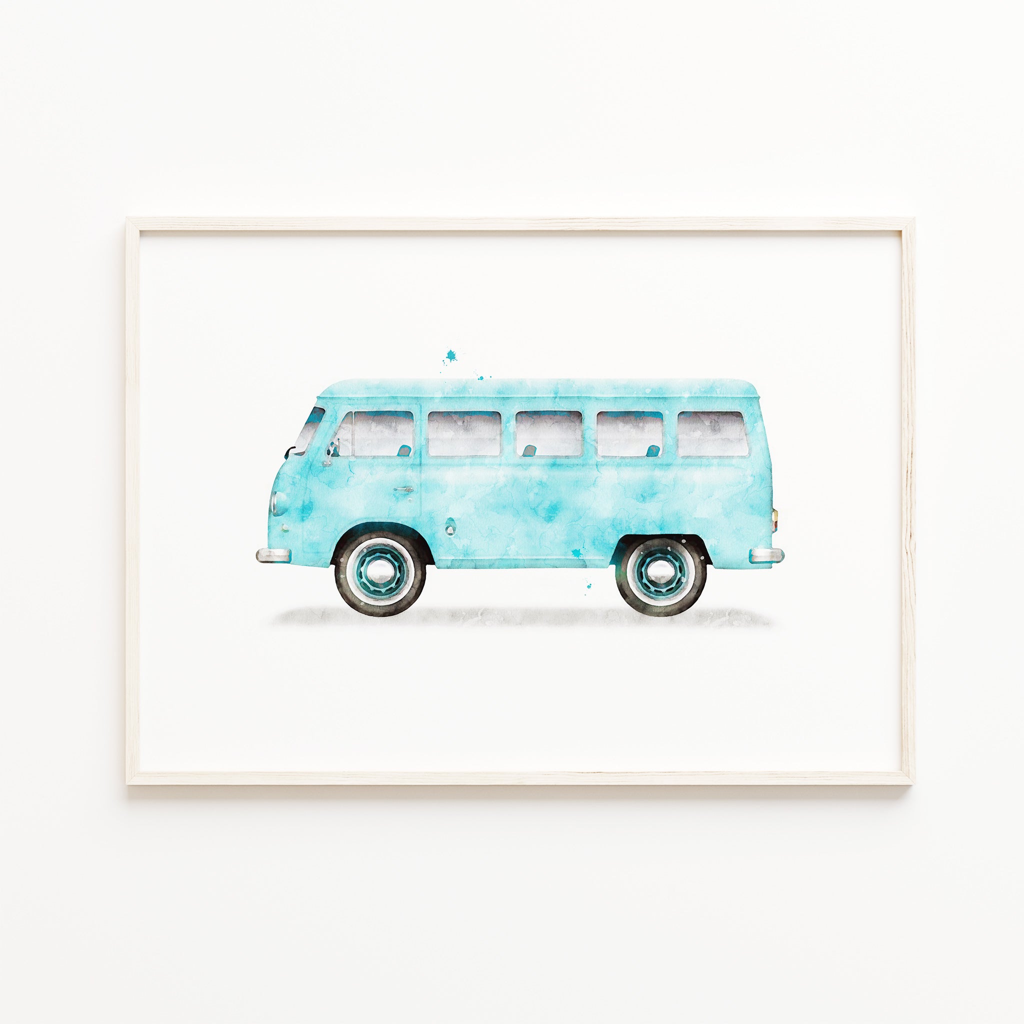 vintage camper van wall art, 
turquoise, blue retro minibus print, kids transportation wall art decor, nursery vehicle art for baby boy, large digital download


