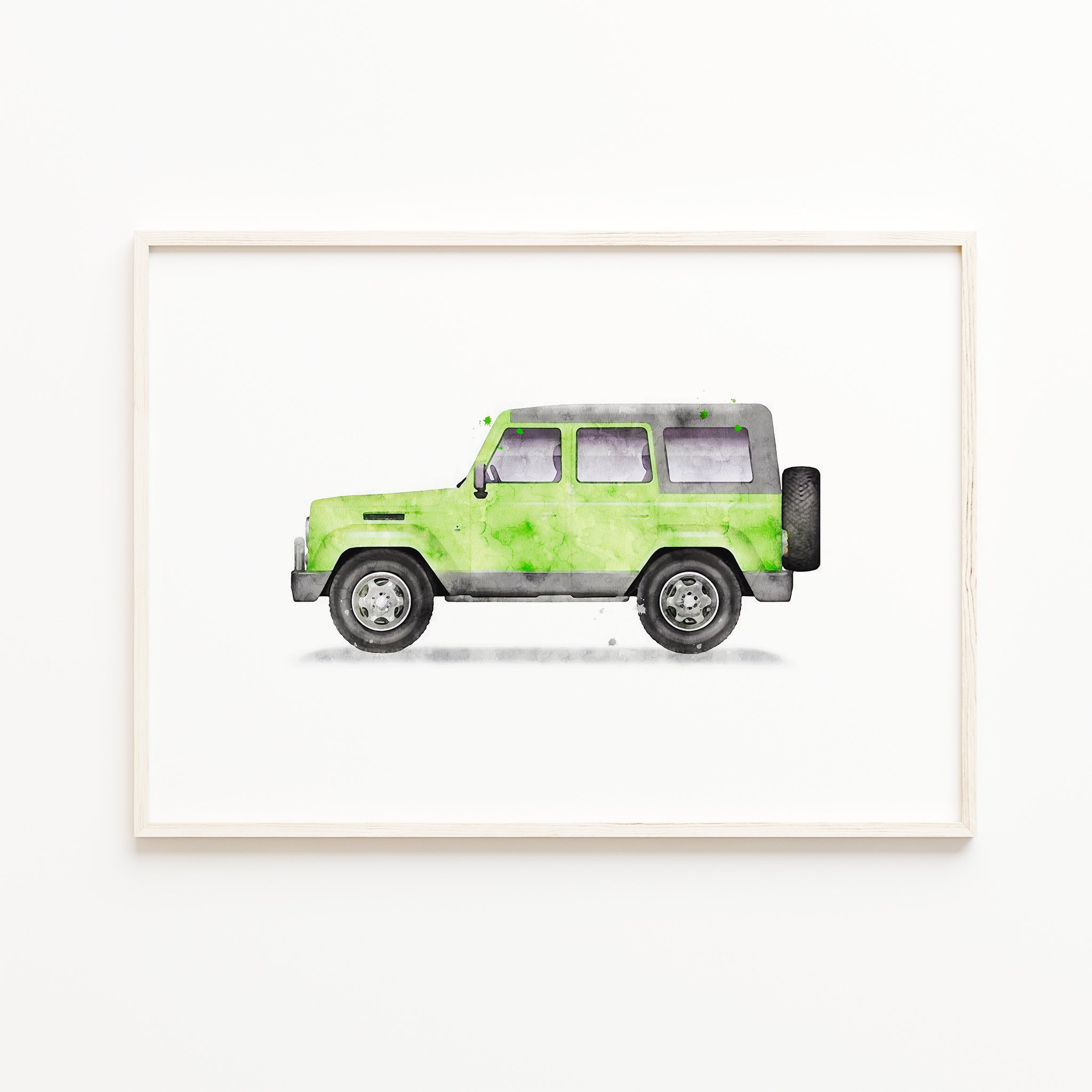 green suv watercolor wall art, off road vehicle print, kids transportation wall art decor, boys room art, large digital download