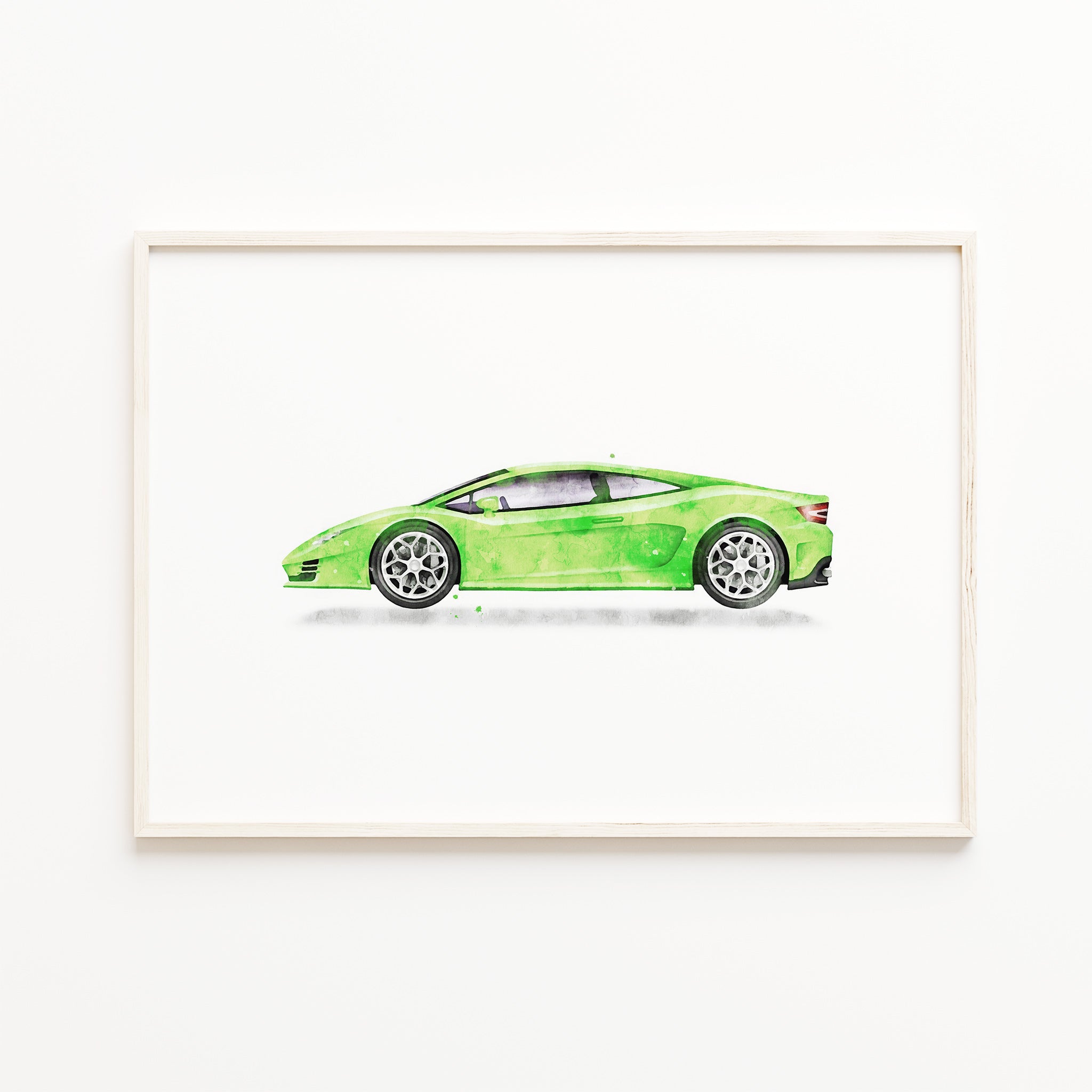 sports car print, watercolor wall art, green supercar print, kids racing car wall art decor, baby boy nursery vehicle illustration, boys room wall art decor, large digital download


