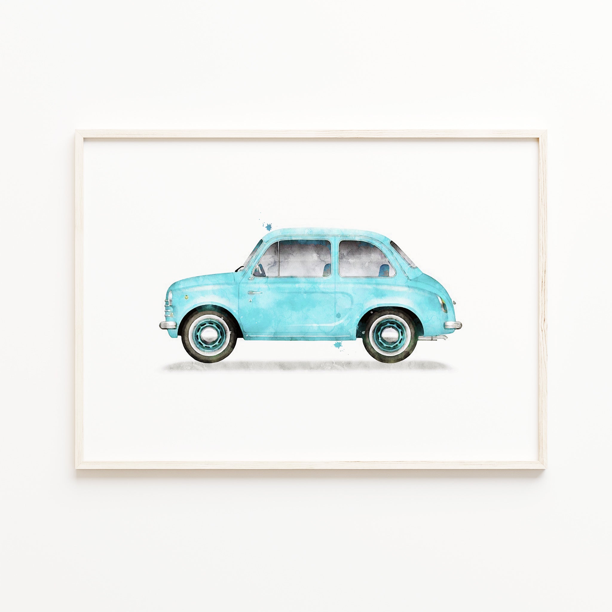 turquoise blue car watercolor wall art, cute small vintage car print, kids transportation wall art decor, baby boy nursery vehicle illustration, large digital download