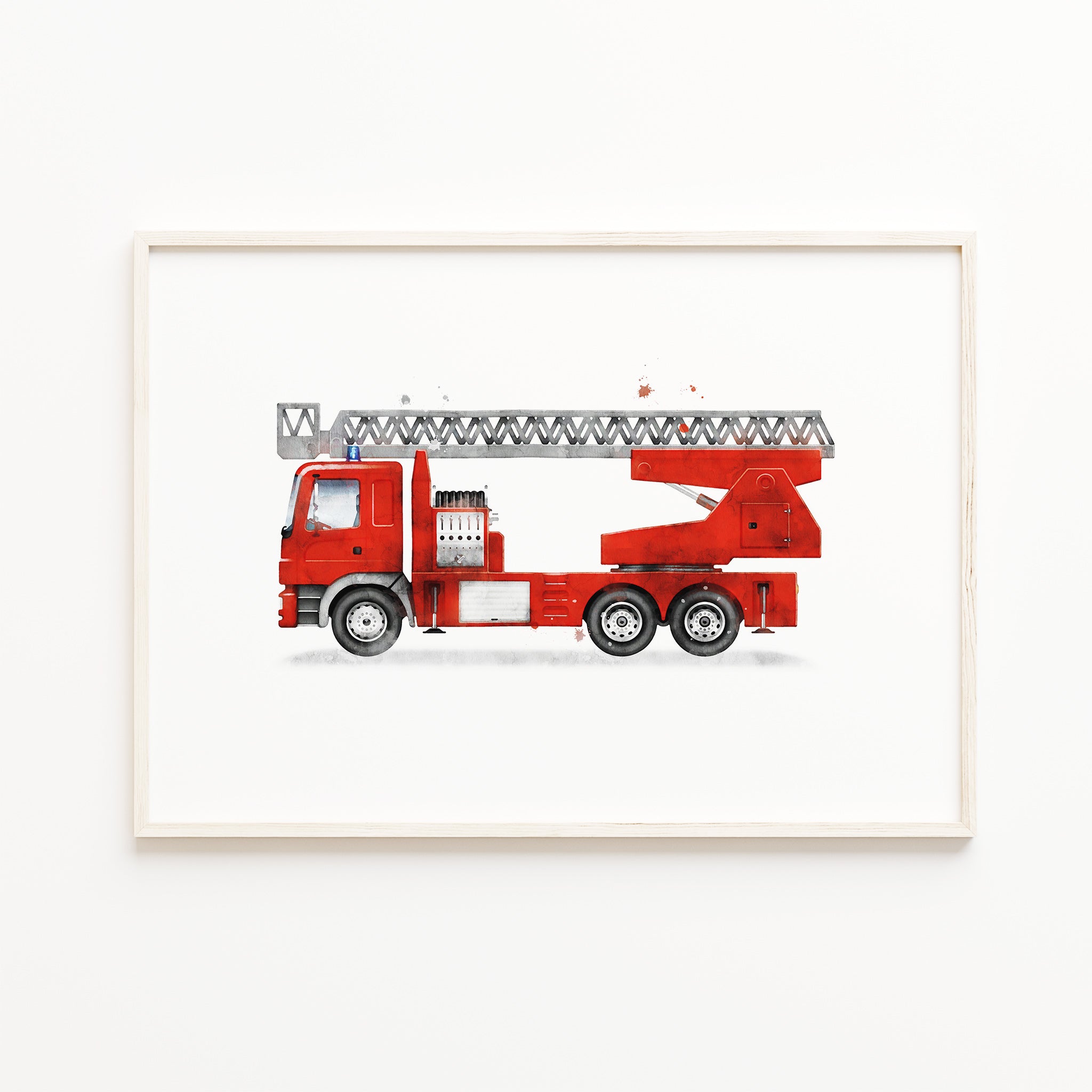 

fire truck watercolor wall art, ladder fire engine print, kids print, emergency vehicle wall art decor, boys nursery art, large digital download