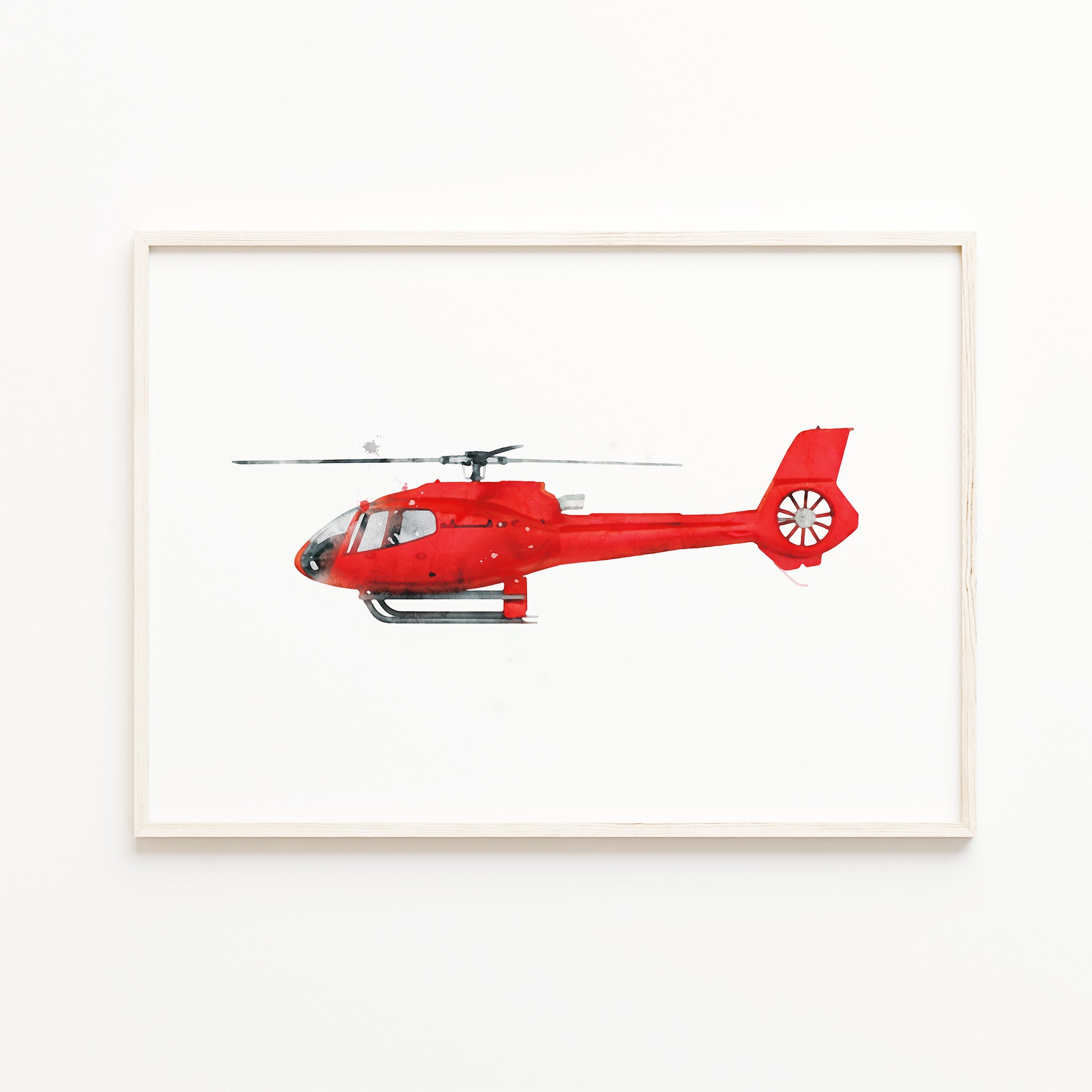 helicopter watercolor wall art, red chopper print, kids aviation wall art decor, baby boys nursery transport illustration, large digital download

