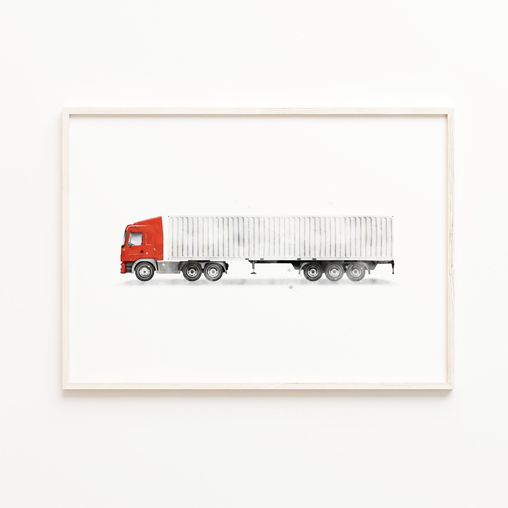 semi truck wall art print, watercolor delivery truck wall art, boys room wall art decor, kids transport decor, large digital download

