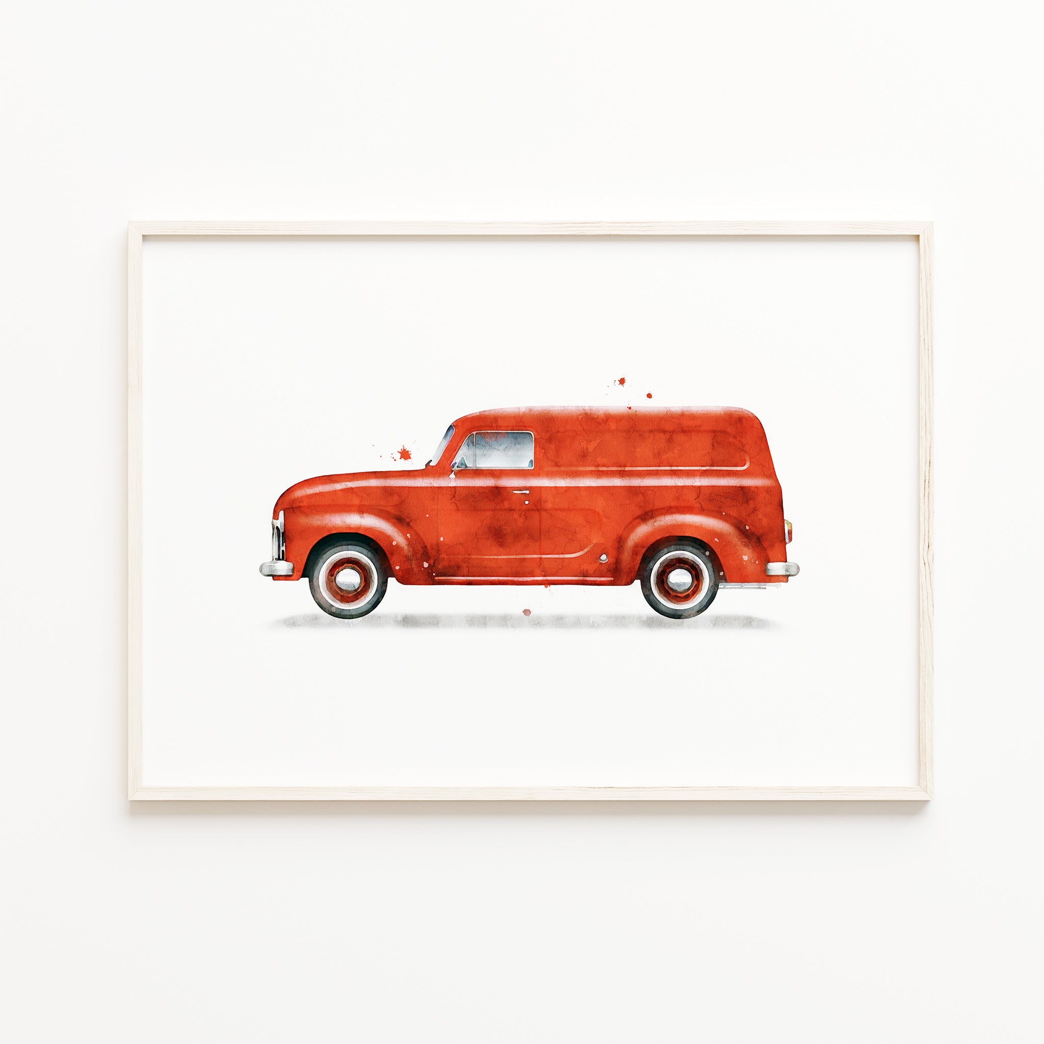 red vintage van wall art print, retro car watercolor illustration, kids room art poster, picture, transportation wall art decor, large digital download