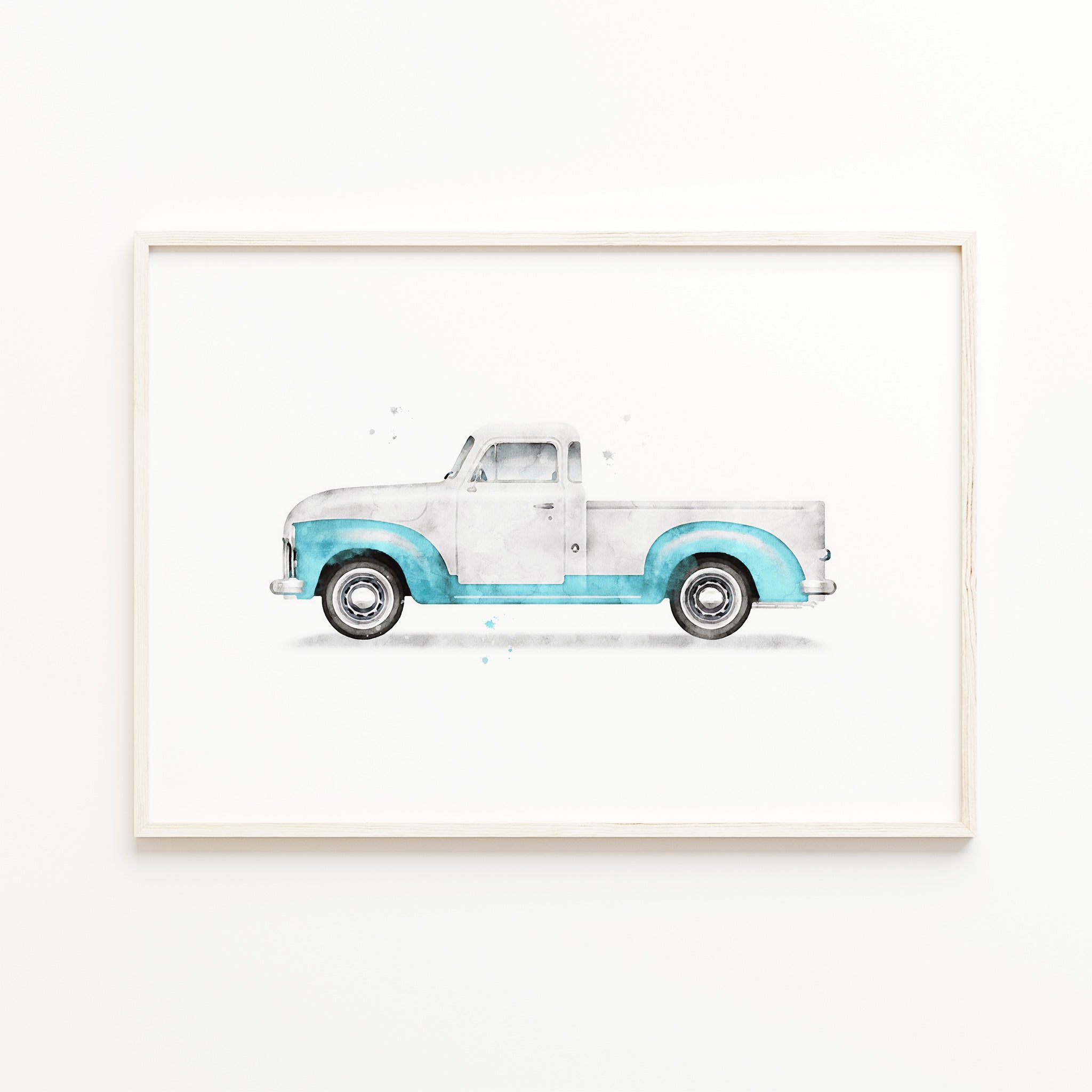 old pickup truck wall art print, classic blue white truck watercolor illustration, boys room wall art decor, large digital download