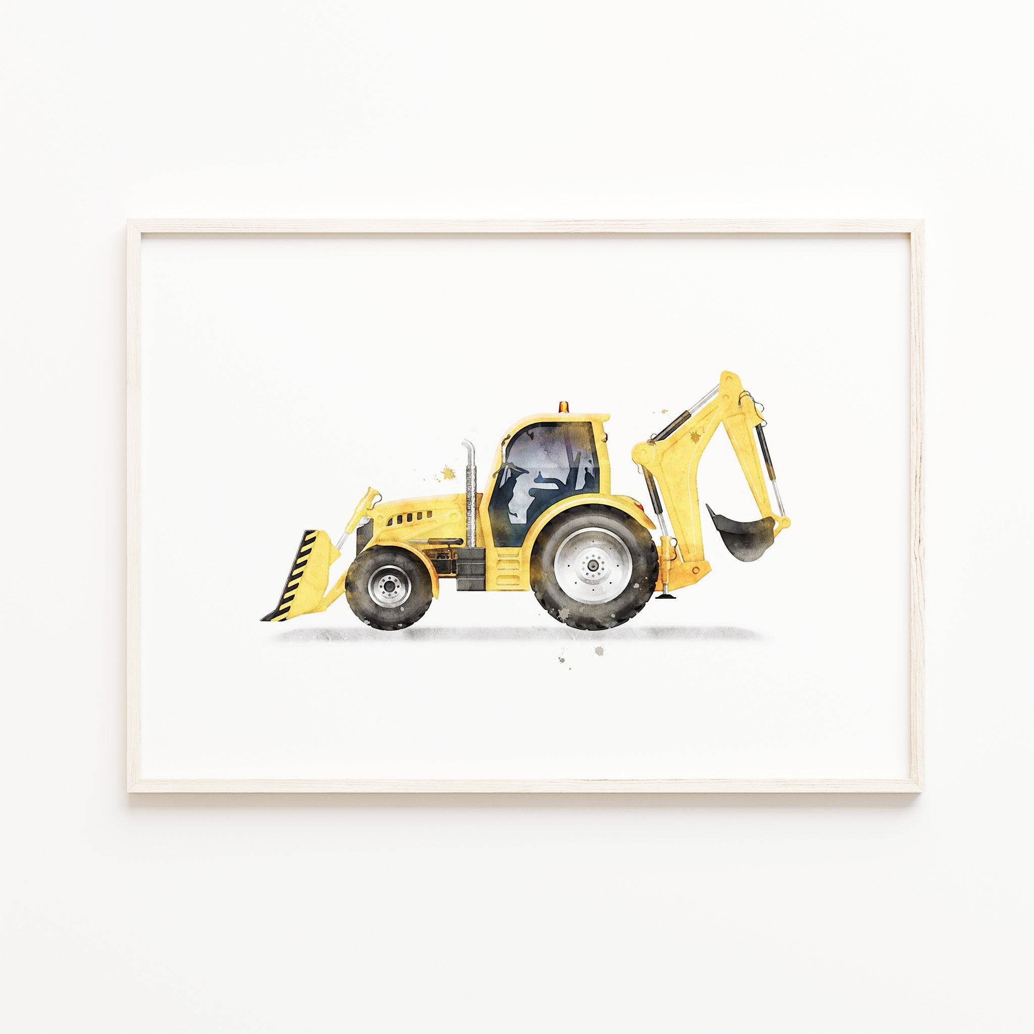 Yellow Backhoe loader wall art, construction vehicle prints, kids nursery decor, watercolor backhoe illustration, boys room wall art, large printable 