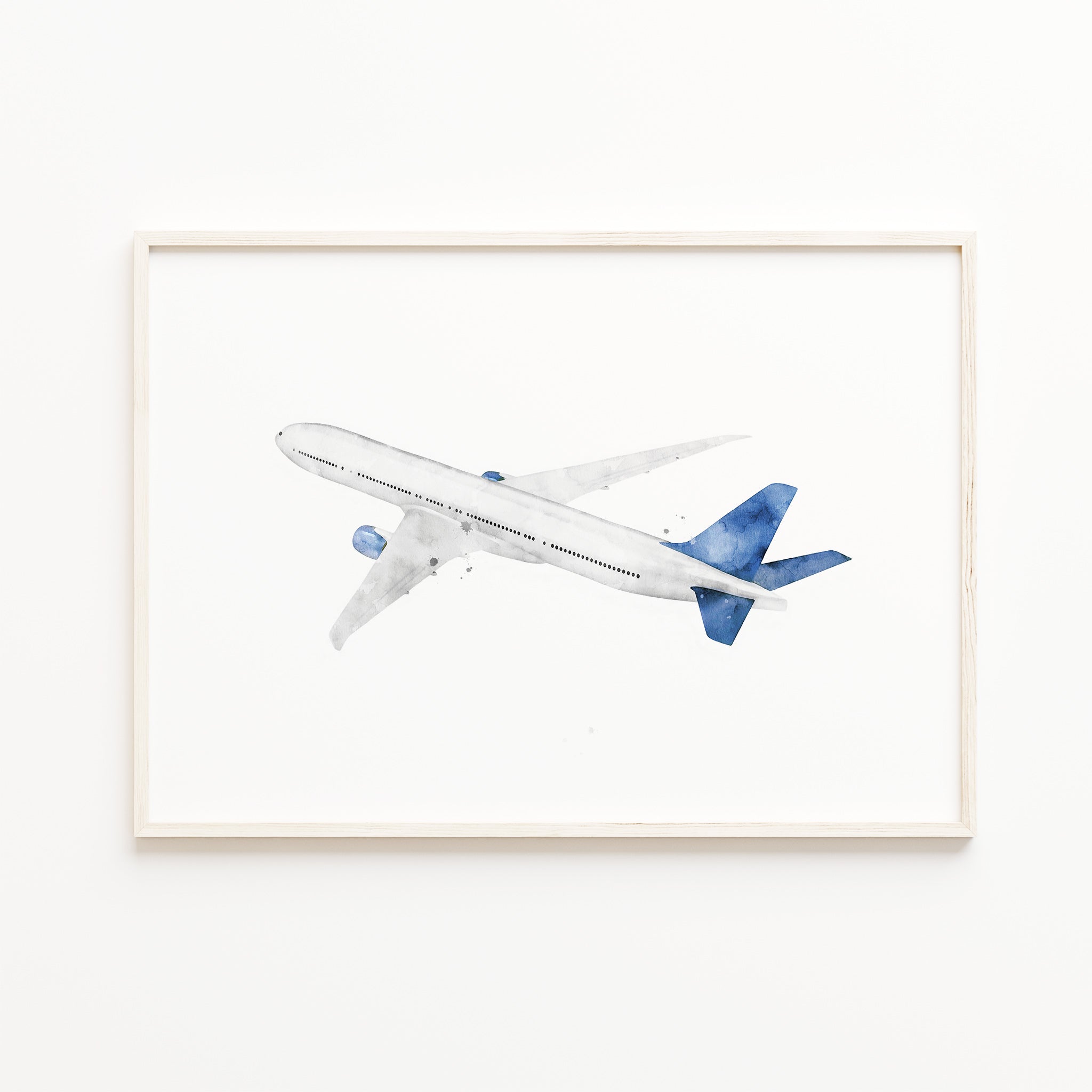 airplane wall art print, blue white aircraft watercolor wall art, kids room travel theme decor, boys room wall art, digital download