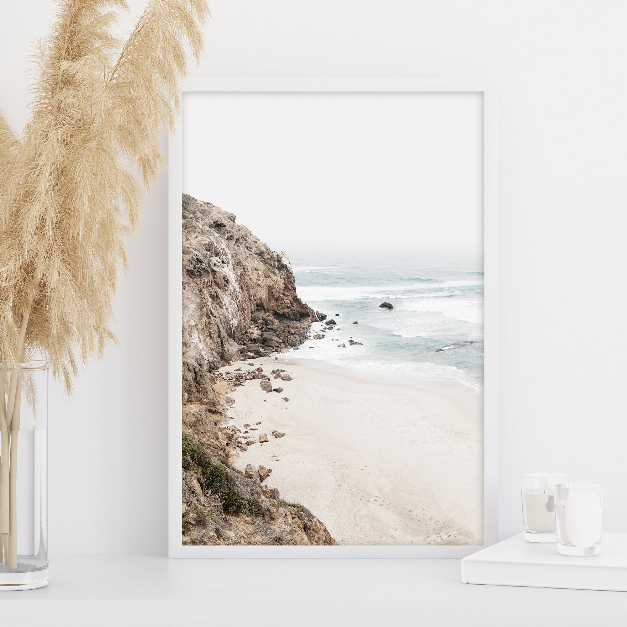 Large coastal wall art with rocky beach and sea waves, printable minimalist neutral decor for coastal bedroom or living room
