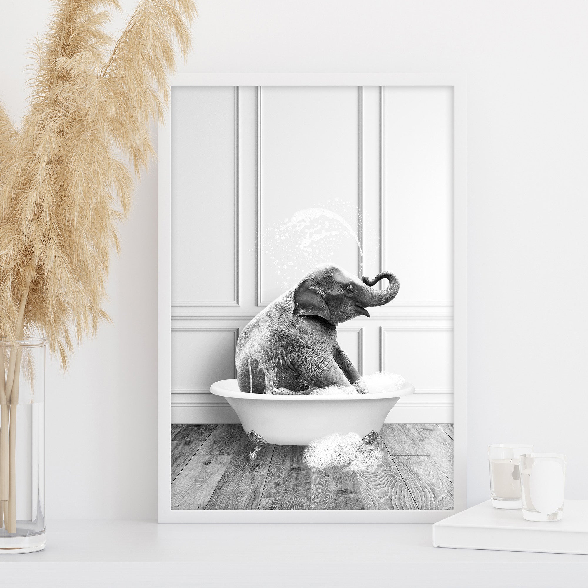 Black and white elephant bathroom wall art picture, funny animal bathtub print, minimalist wall art decor, large instant download