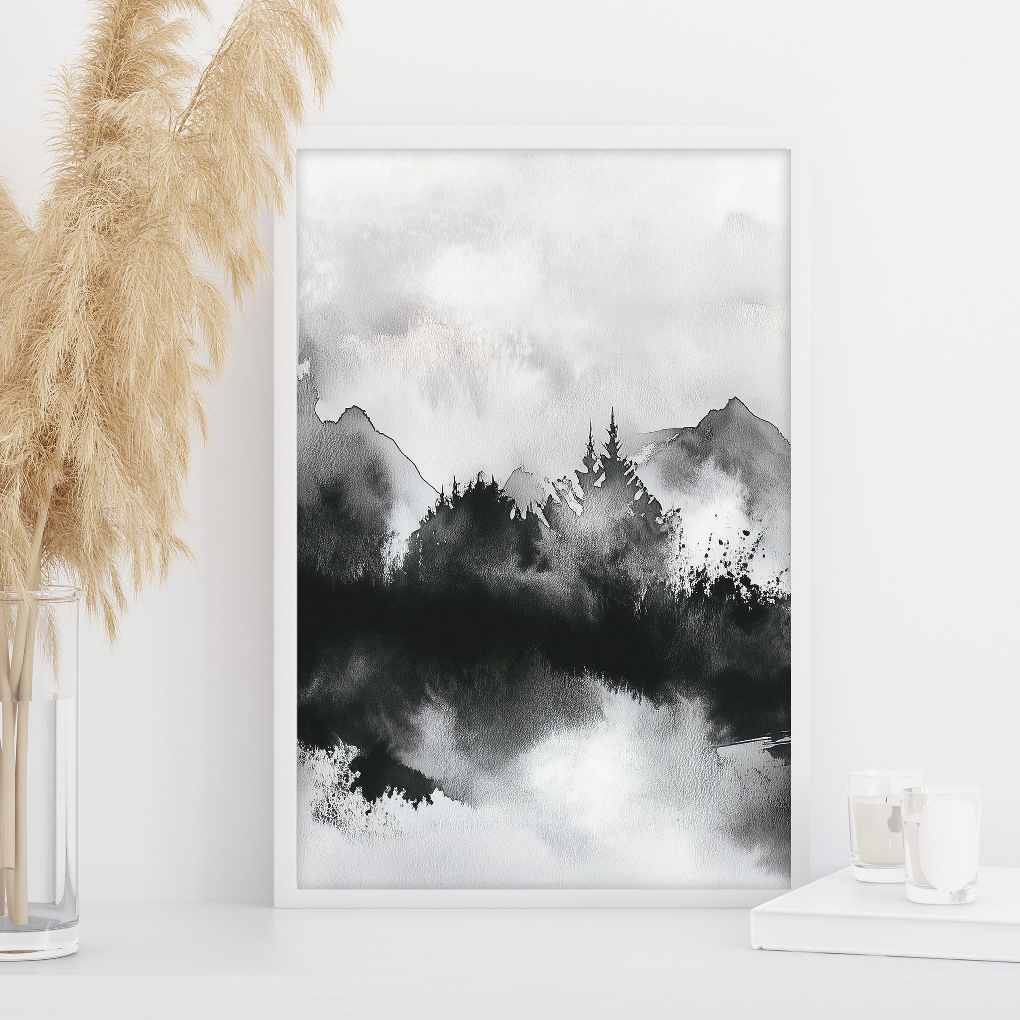 Monochrome mountain forest ink wall art, abstract nature print for minimalist interior