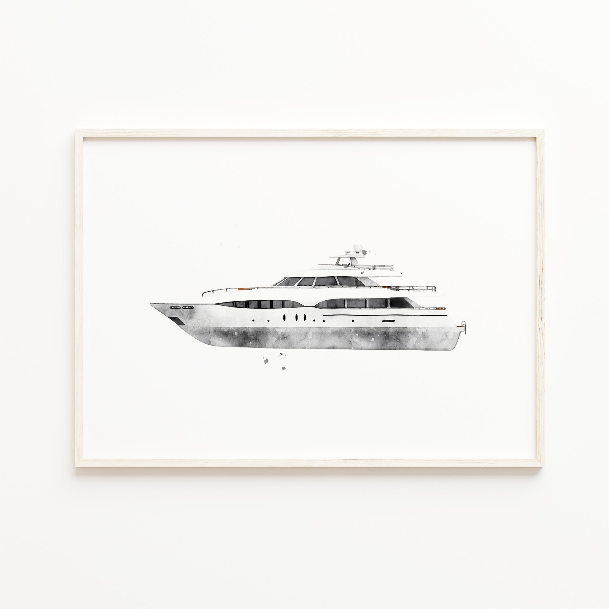 yacht wall art print, watercolor black and white modern boat print, kids room wall art, baby boy room ocean theme decor, large digital download
