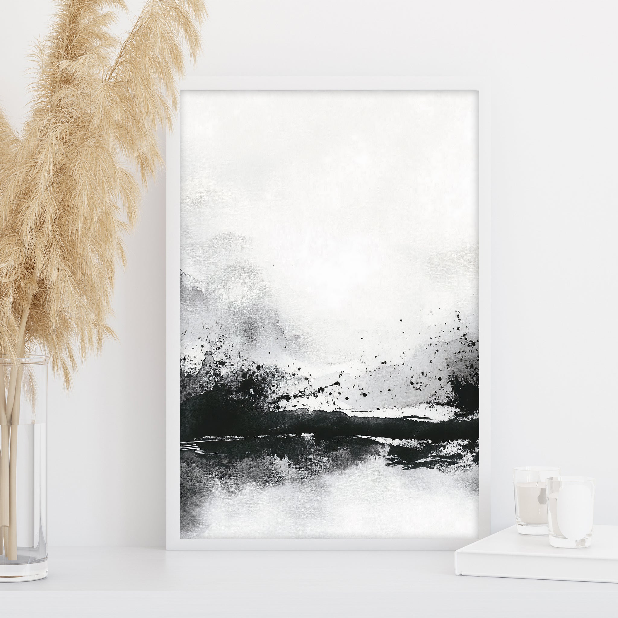 Abstract monochrome lake and mountains artwork, minimalist ink wall art for neutral living room interior