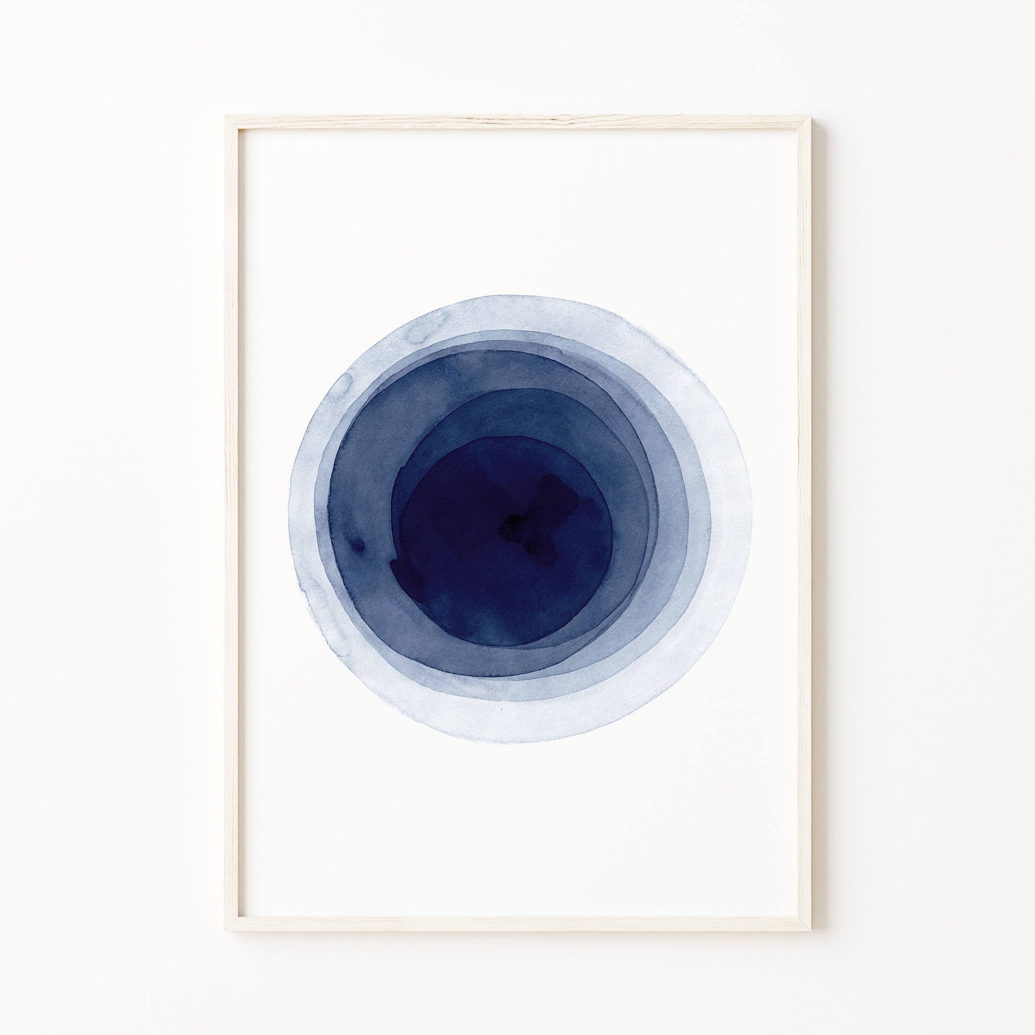 blue abstract circle watercolor print, indigo round shape wall art, minimalist modern decor