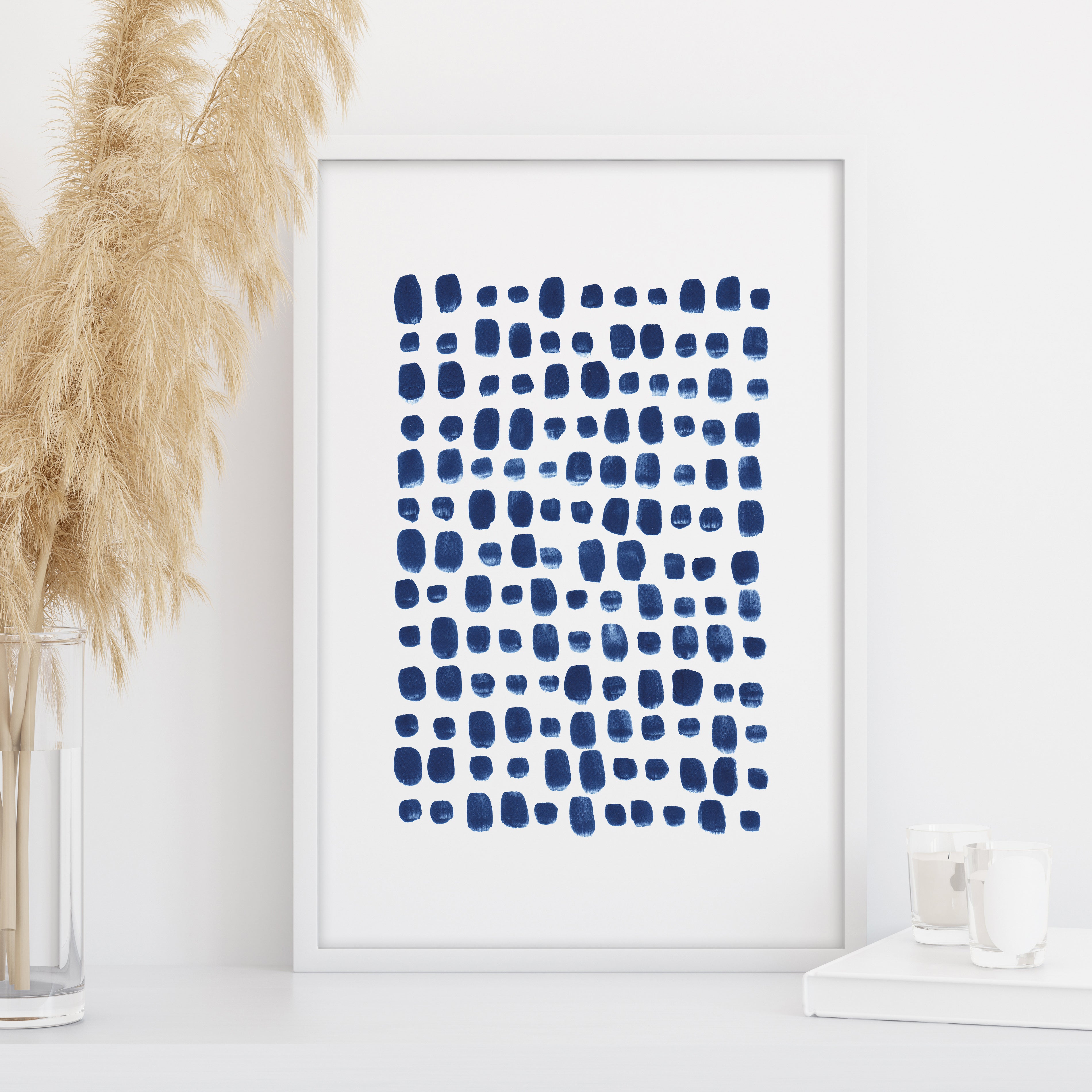 navy blue geometric dots wall art, abstract watercolor pattern print, Scandinavian decor