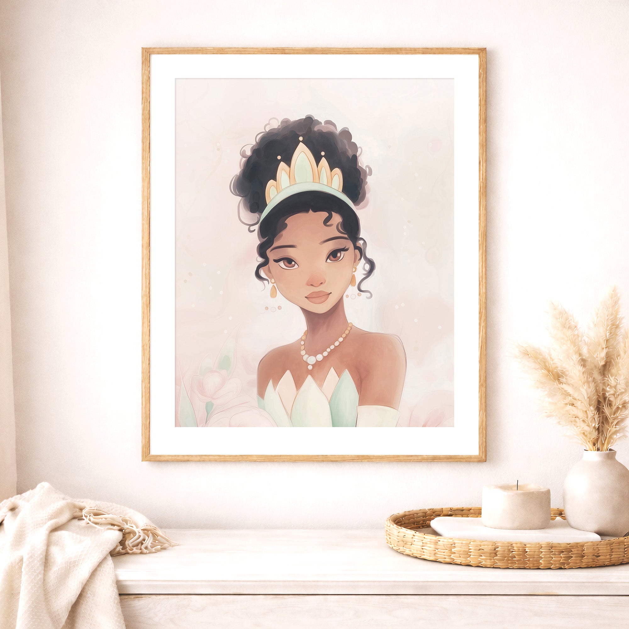 african american princess print, soft blush pink pastel girl portrait, whimsical nursery wall art, large printable