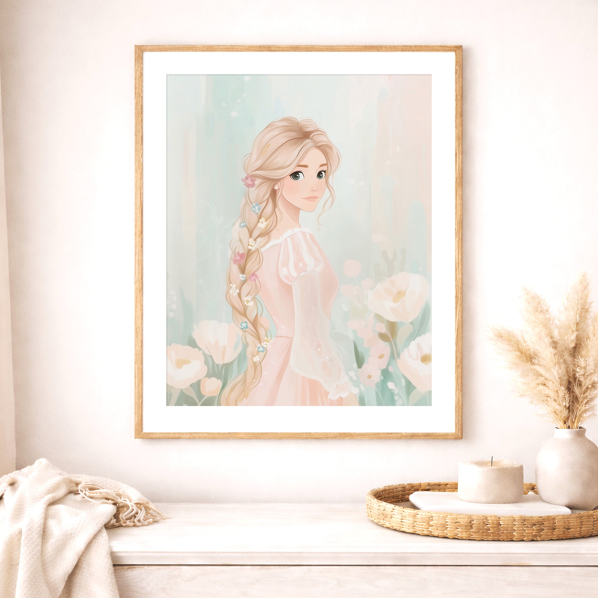 blonde princess print , flower braid girl wall art, whimsical girls room decor, large printable wall art
