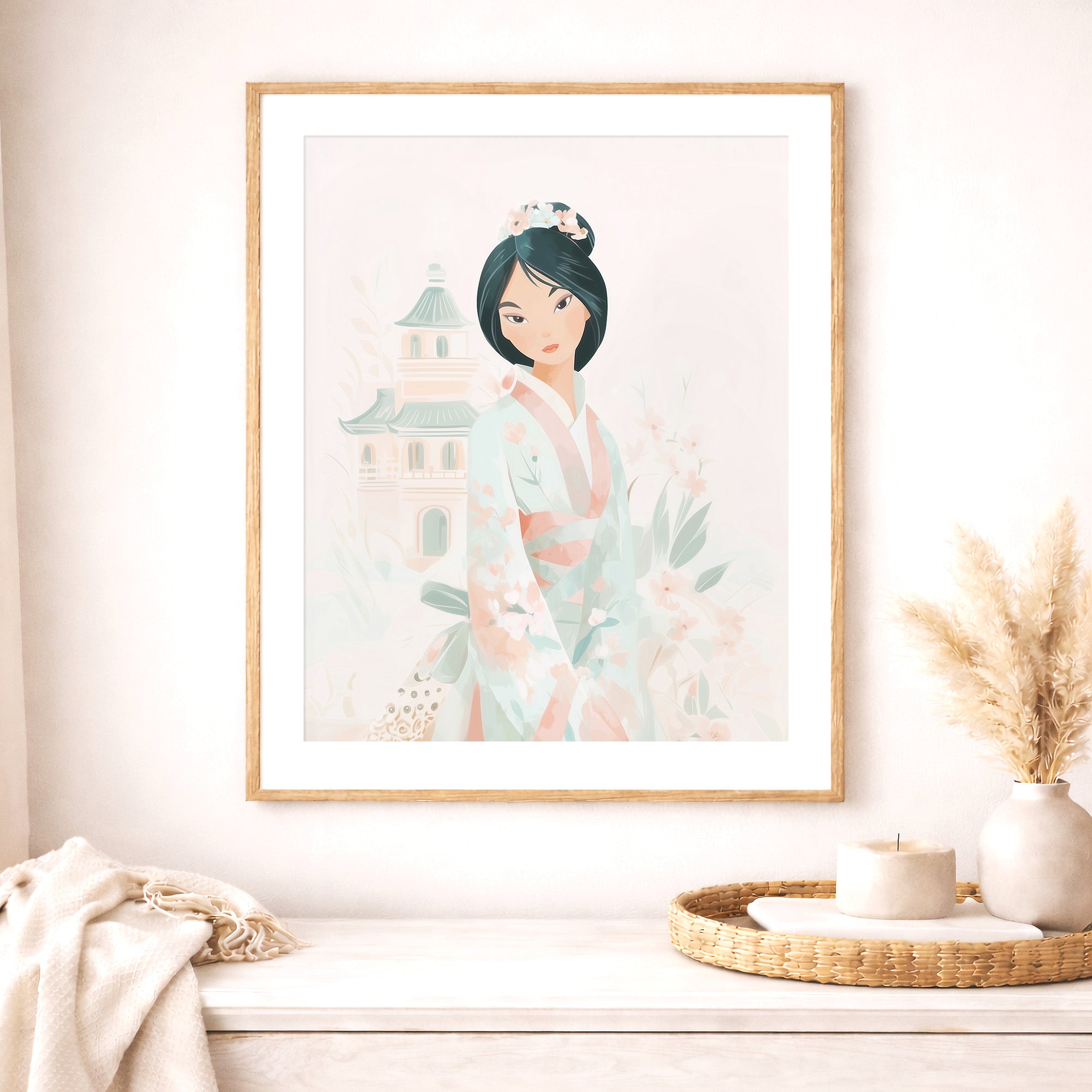 asian princess wall art print, beautiful floral kimono girl illustration, pastel nursery decor, oriental princess print, large printable wall art
