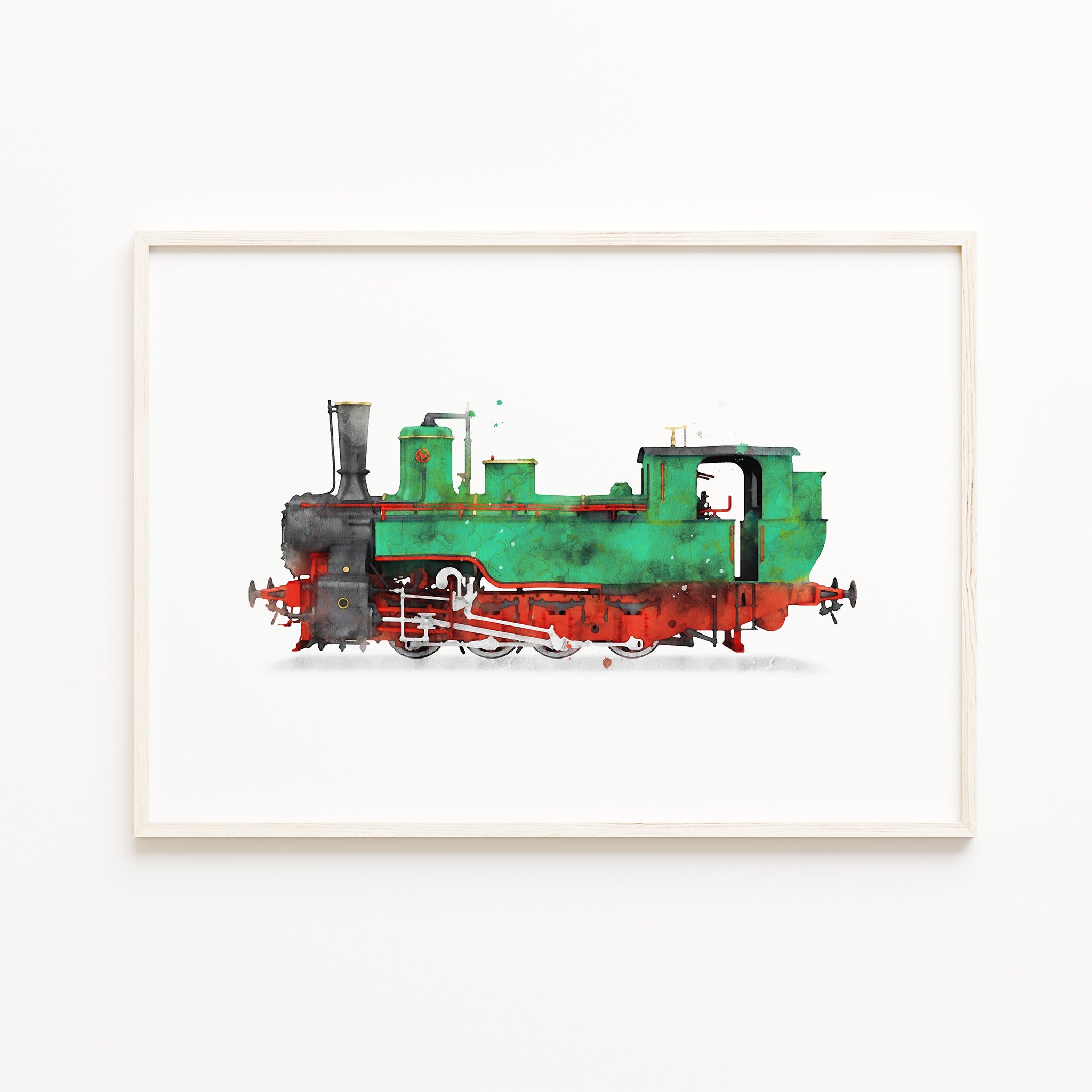 green and red steam train watercolor wall art, vintage locomotive print, kids transportation wall art decor, baby boys nursery illustration, boys room art, large printable wall art