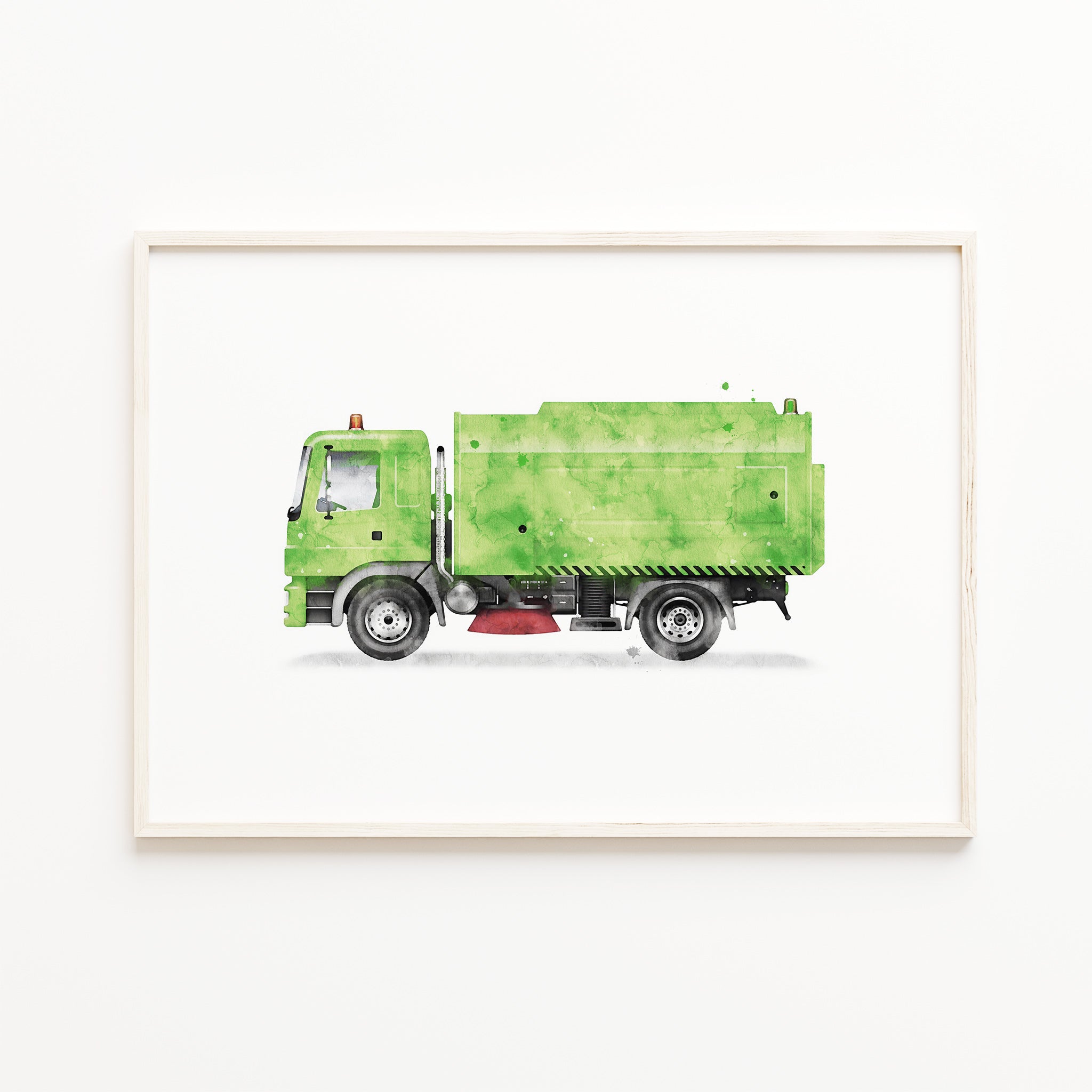 green trash truck wall art for kids room, green recycling truck watercolor illustration, construction vehicles wall art, boy nursery decor, large digital download
