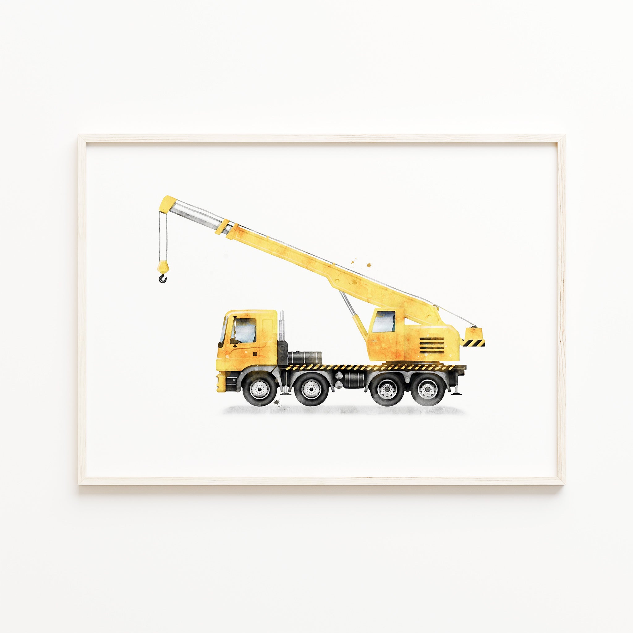 Yellow Crane truck wall art print, construction vehicles nursery decor, watercolor crane illustration, picture, poster, kids room printable art, large baby boys wall art