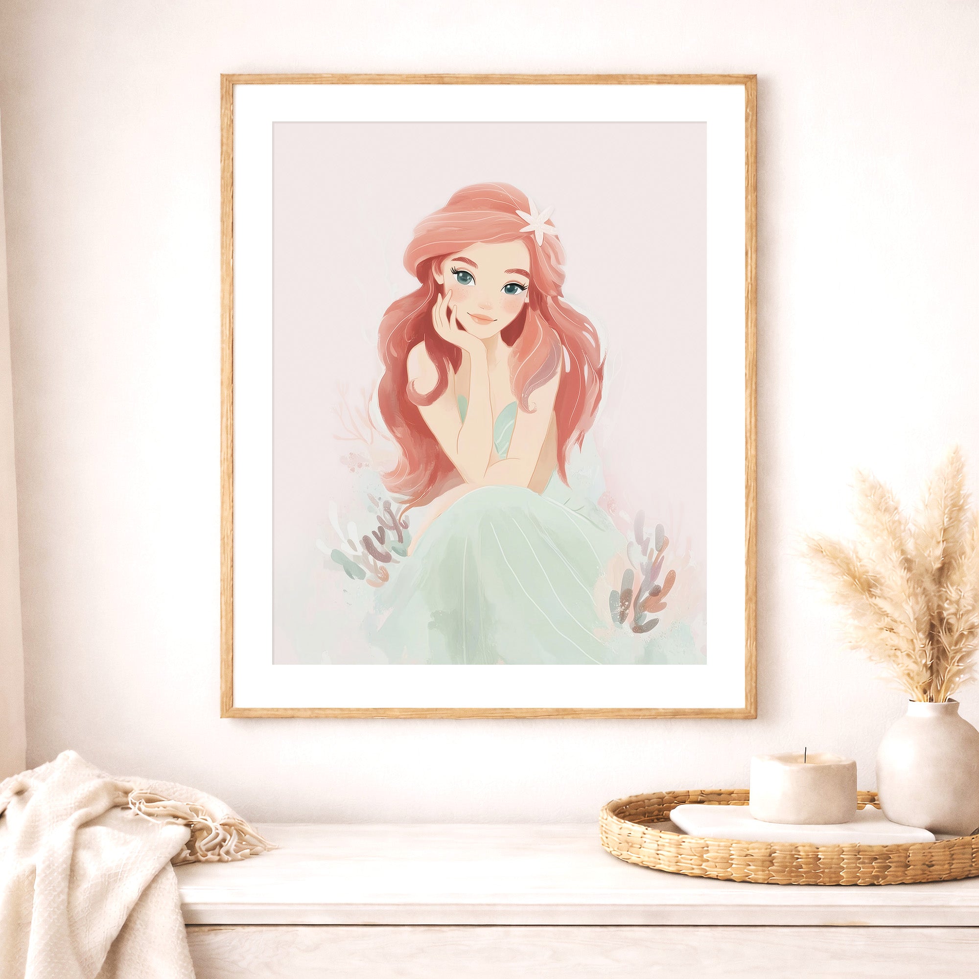 fairytale sea princess print, soft pastel mermaid girl wall art, coastal nursery decor, large printable wall art
