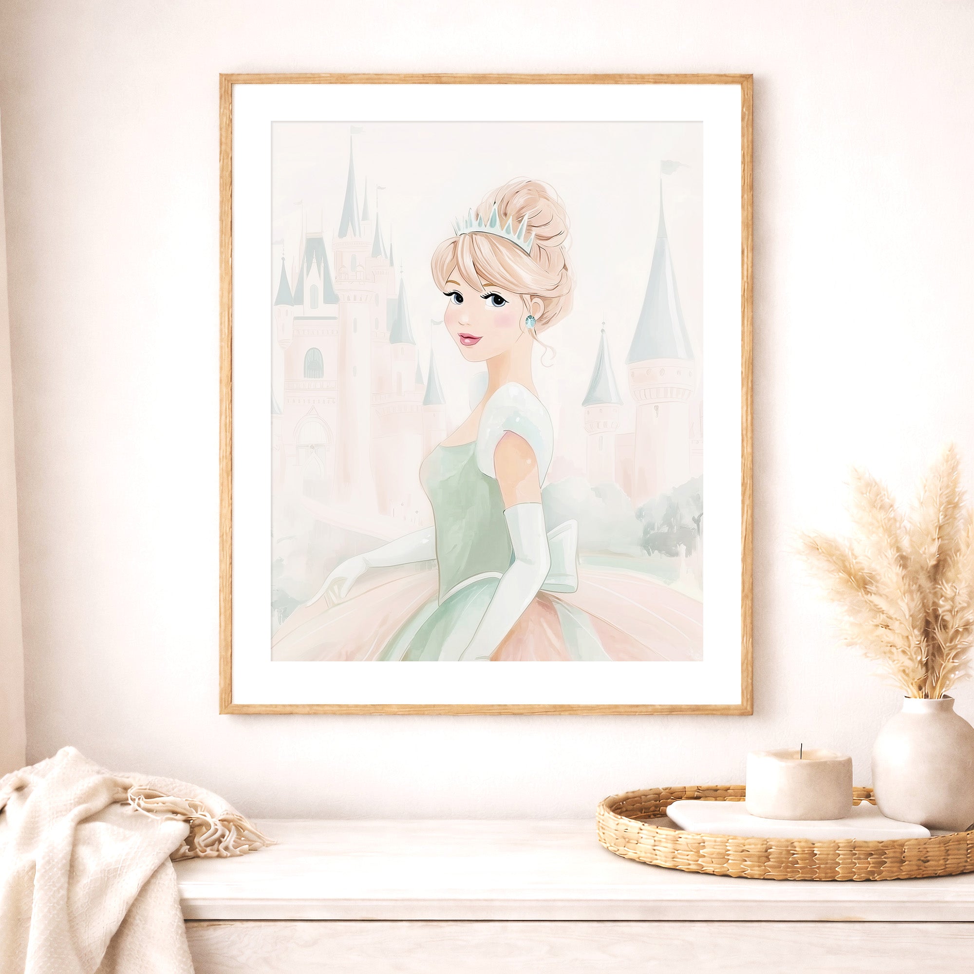 elegant fairytale princess print, dreamy castle background art, sage green pastel girls' room decor, large printable wall art