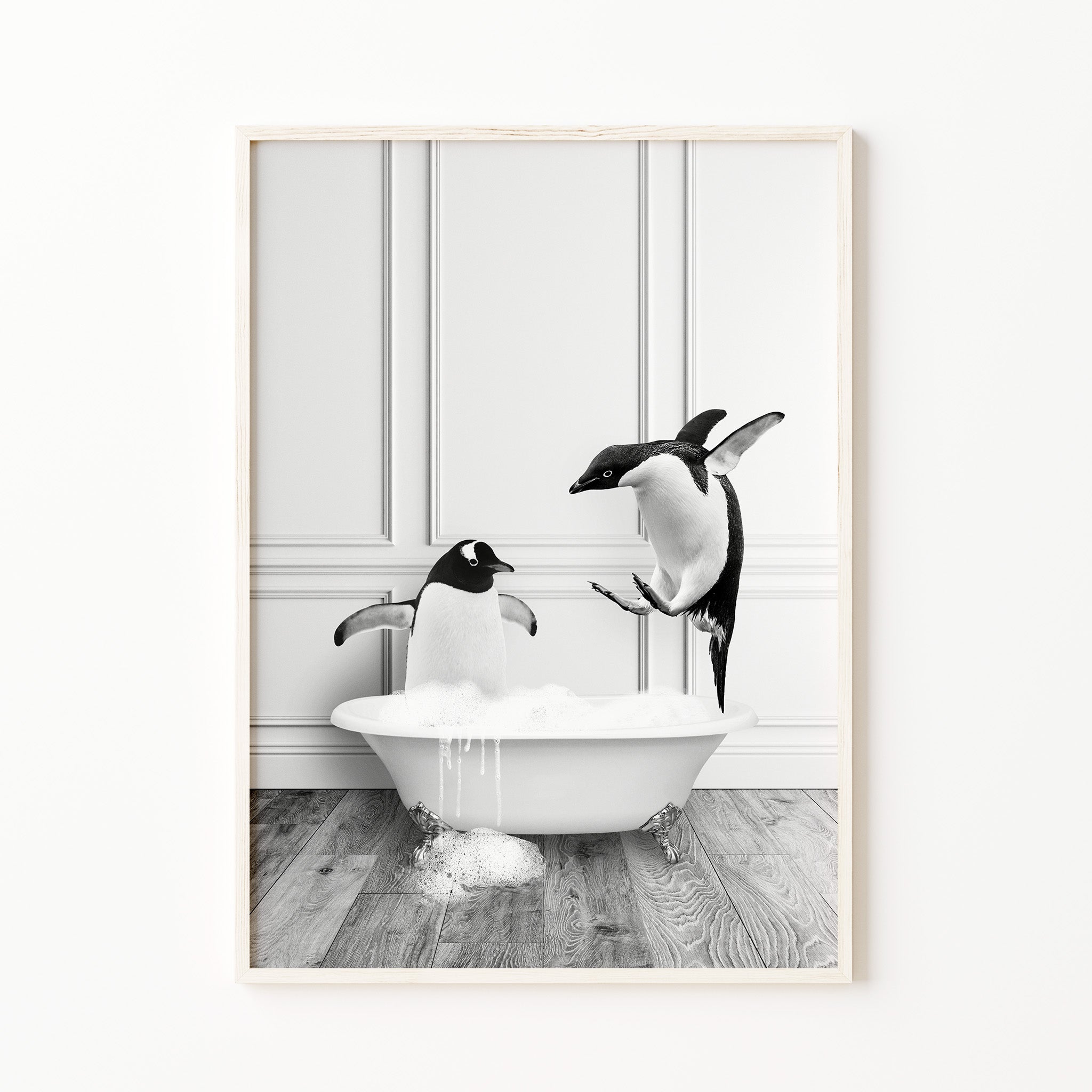 Black and white whimsical penguin bathroom wall art, monochrome funny animals in bathtub print, minimalist bathroom decor large