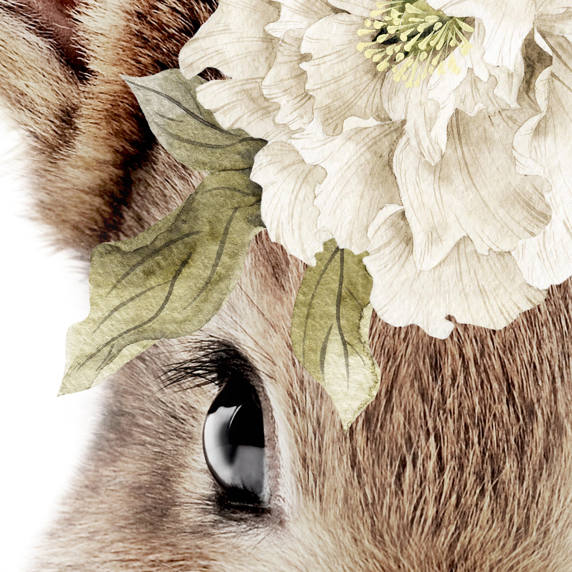 High-resolution print, quality up to 24"x36" size, large printable wall art. Close-up of a baby bunny rabbit with floral elements print