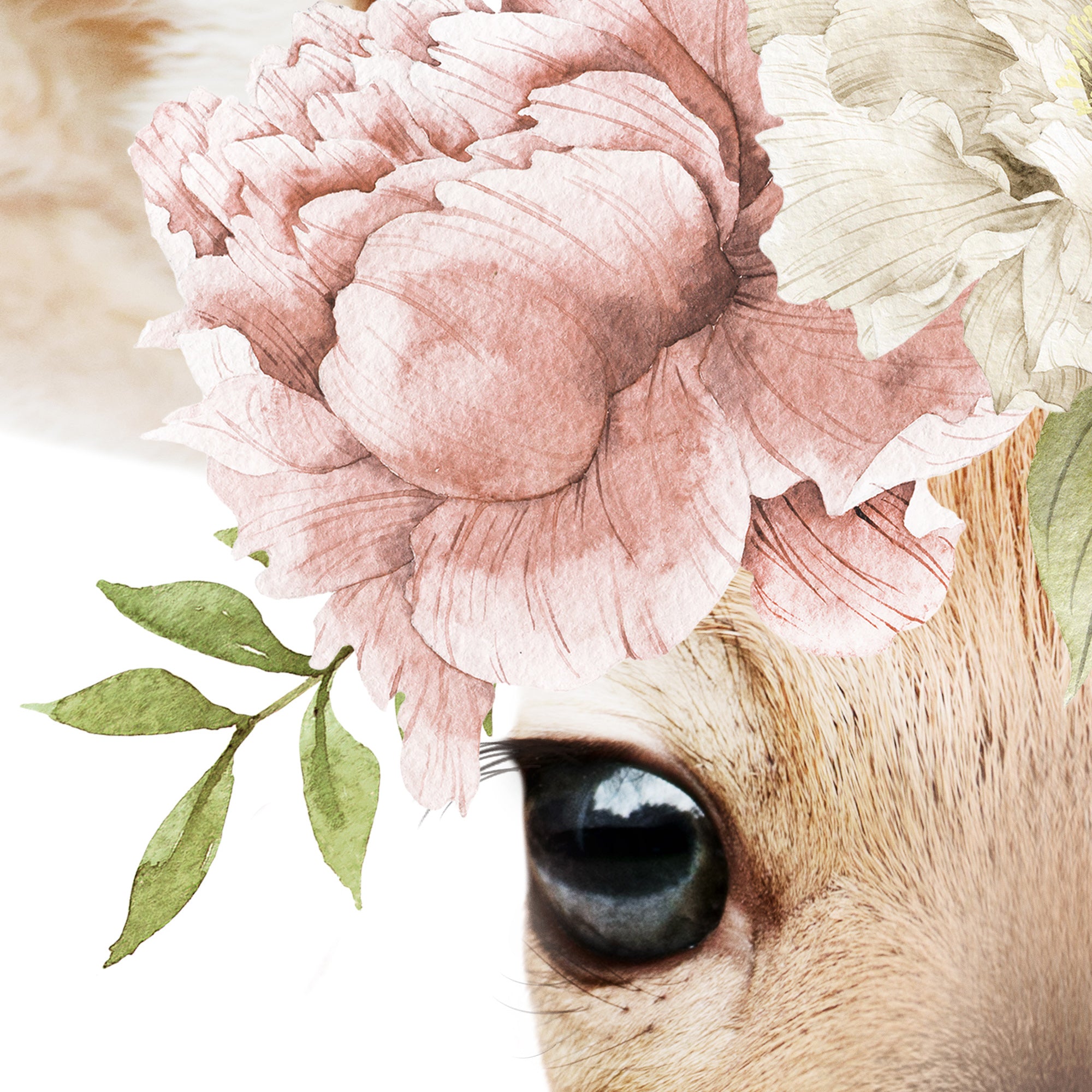 High-resolution print, quality up to 24"x36" size, large printable wall art. Close-up of a baby deer's eye with pink flowers and green leaves print