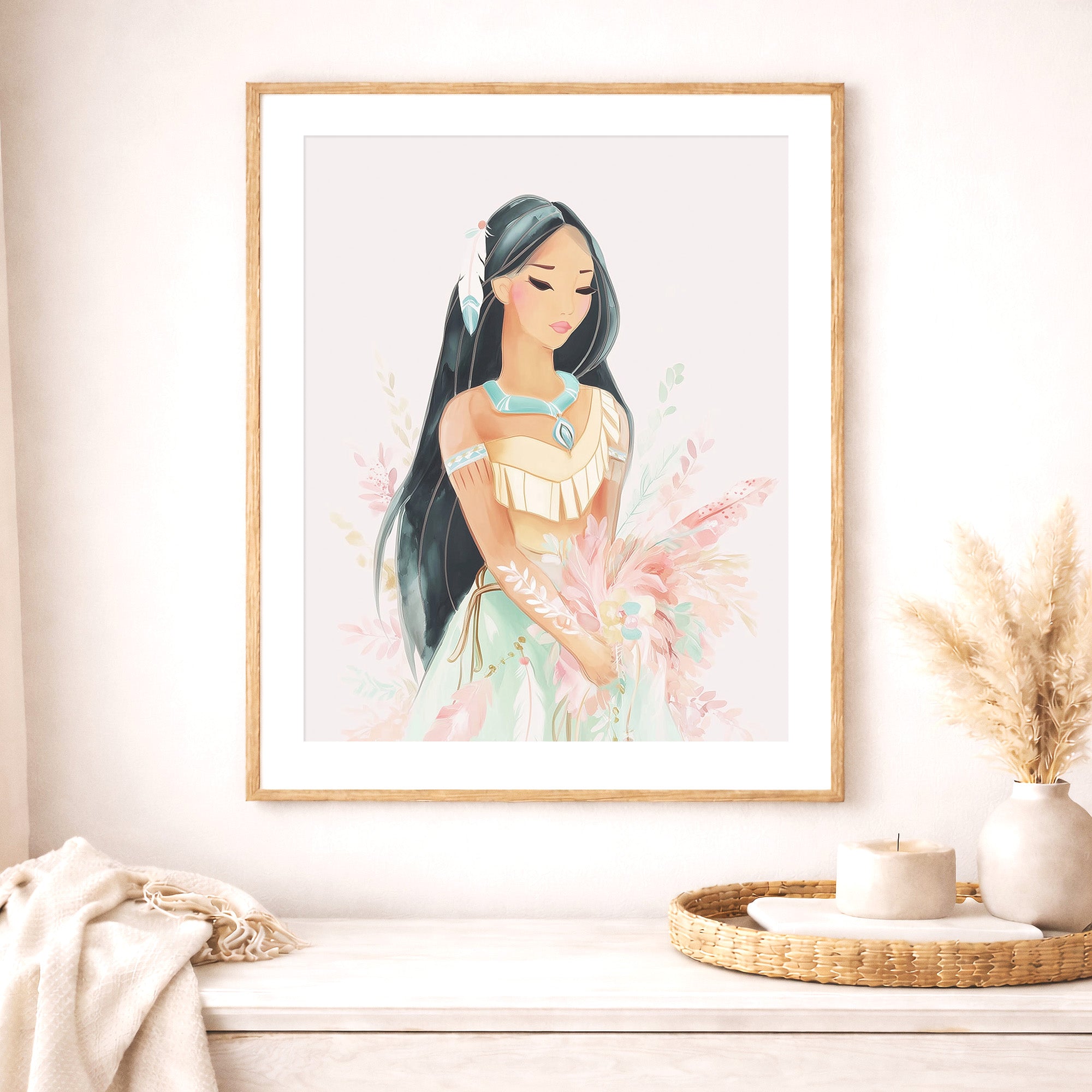 bohemian princess print, floral feather bouquet girl art, soft pastel nursery wall decor, large printable wall art
