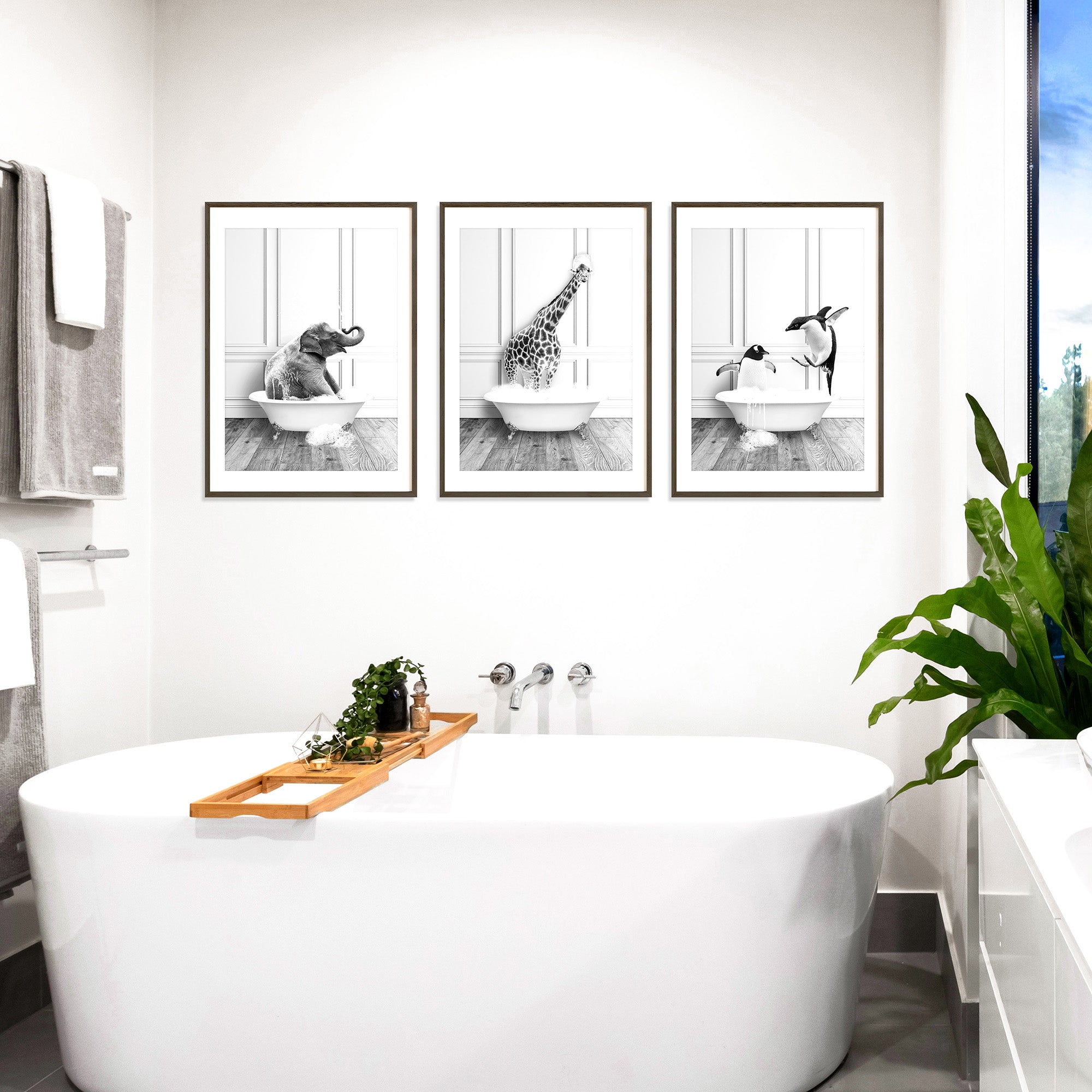 Black and white funny animal bathroom wall art set of 3, b&w elephant giraffe penguins in bathtub prints, playful monochrome bathroom galery wall, large printable wall art