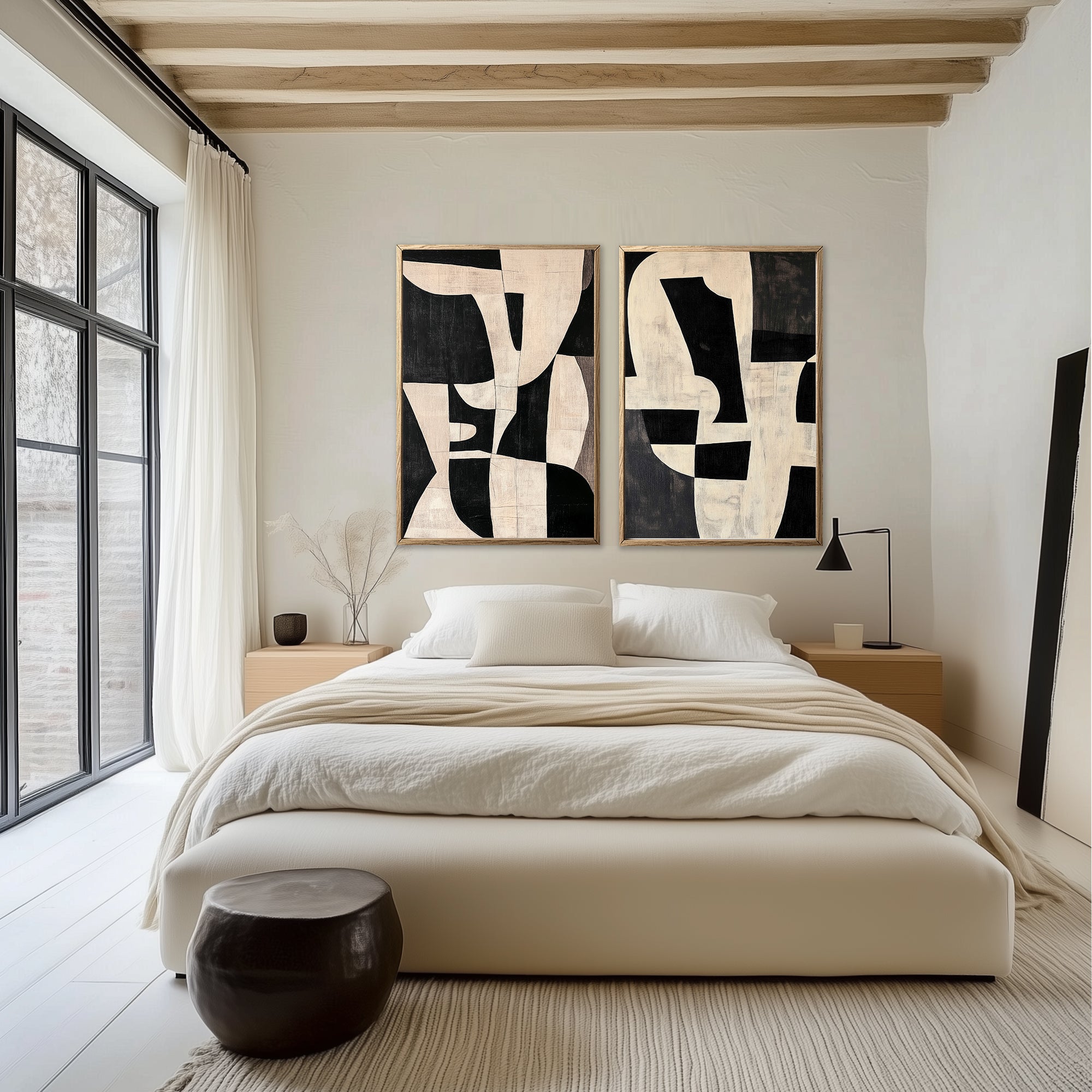 Set of 2 abstract prints for bedroom above bed, black and beige wall art in Japandi style, modern geometric abstract wall art, large printable wall art