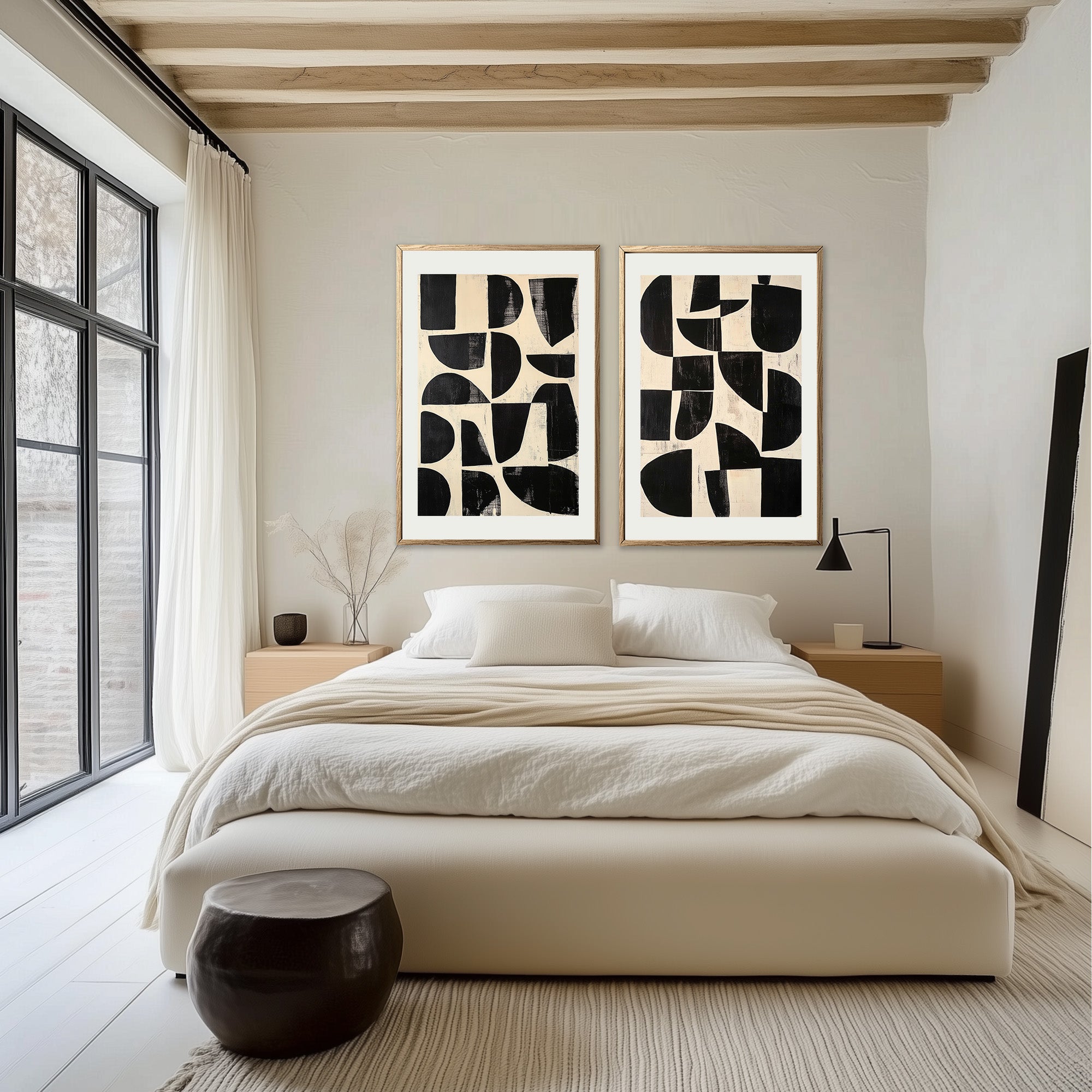 Neutral abstract prints set of 2 prints for bedroom wall above bed, beige and black modern geometric minimalist wall art large printable