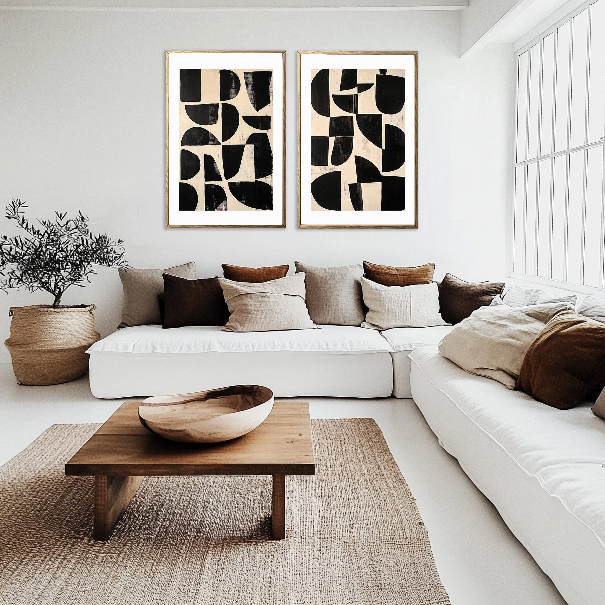 Abstract black & beige wall art set of 2 prints above sofa in living room, modern minimalist neutral decor large printable wall art