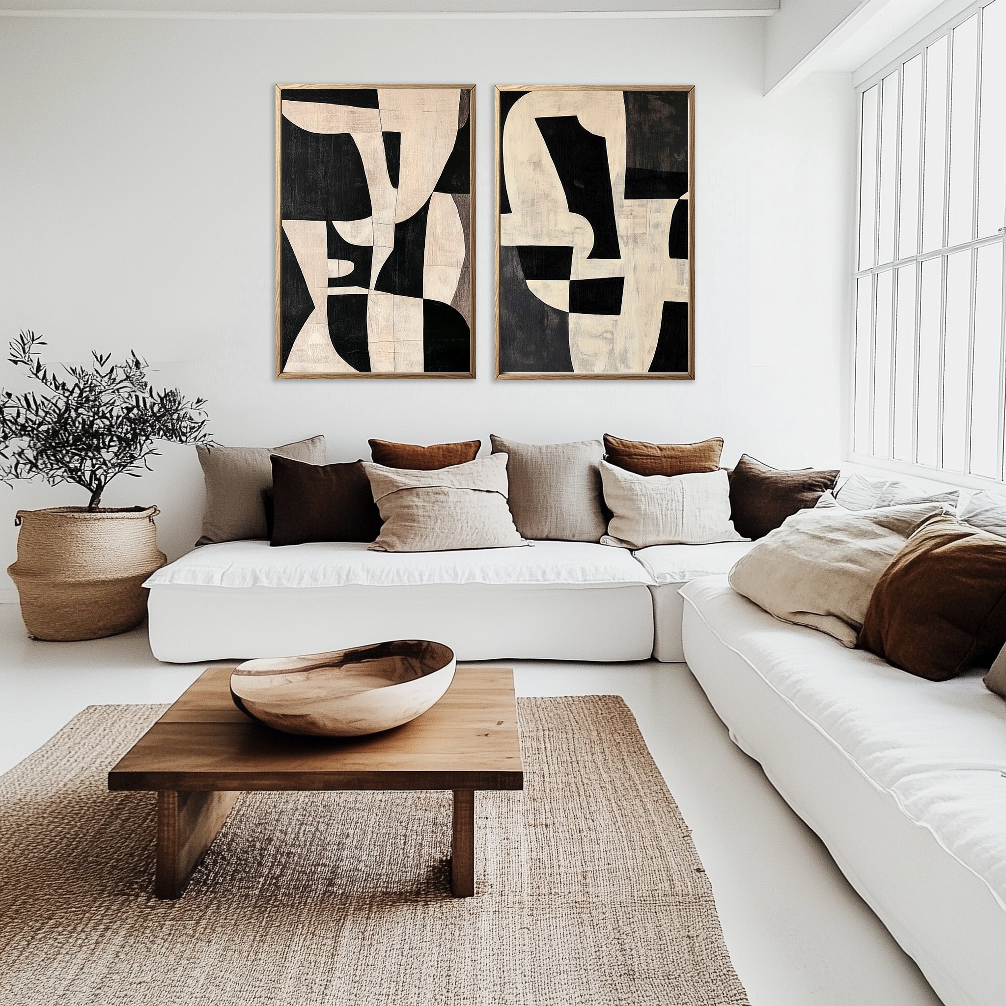 Neutral abstract wall art set of 2 prints, above sofa or coach wall art for living room, minimalist beige and black modern wall art decor, large printable wall art
