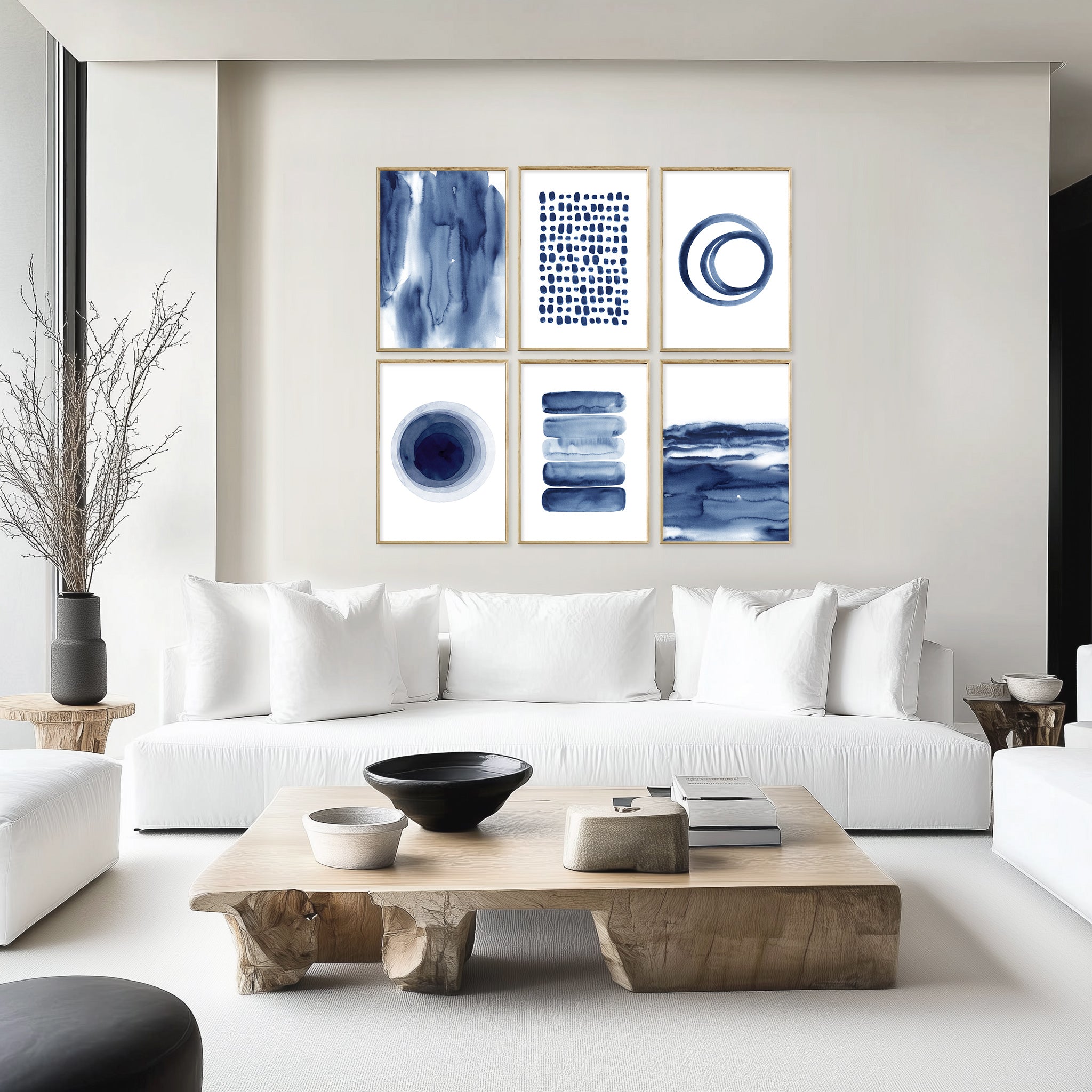 indigo abstract watercolor prints set of 6, wabi sabi wall art,  above sofa modern minimalist blue gallery wall, Japandi living room decor


