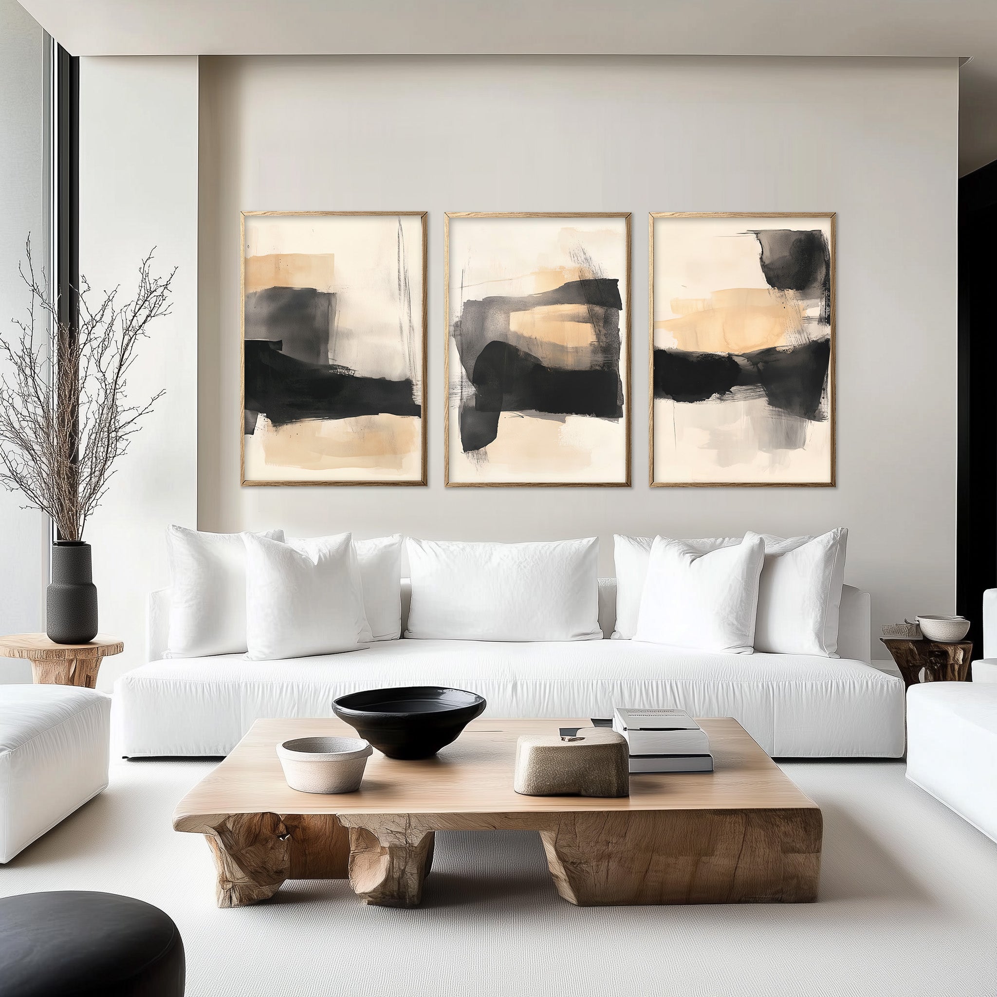 set of 3 abstract beige and black prints, above sofa wall art, modern minimalist abstract prints, neutral gallery wall, Japandi living room decor, large digital download