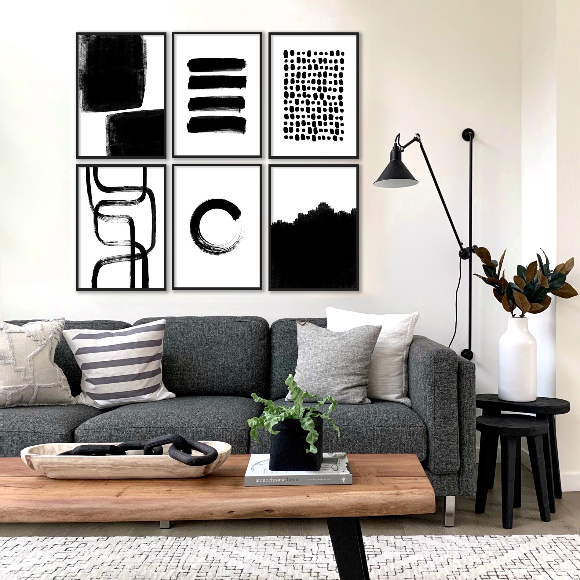 Modern Black & White Abstract Wall Art Set of 6| Minimalist Gallery Wall Prints
