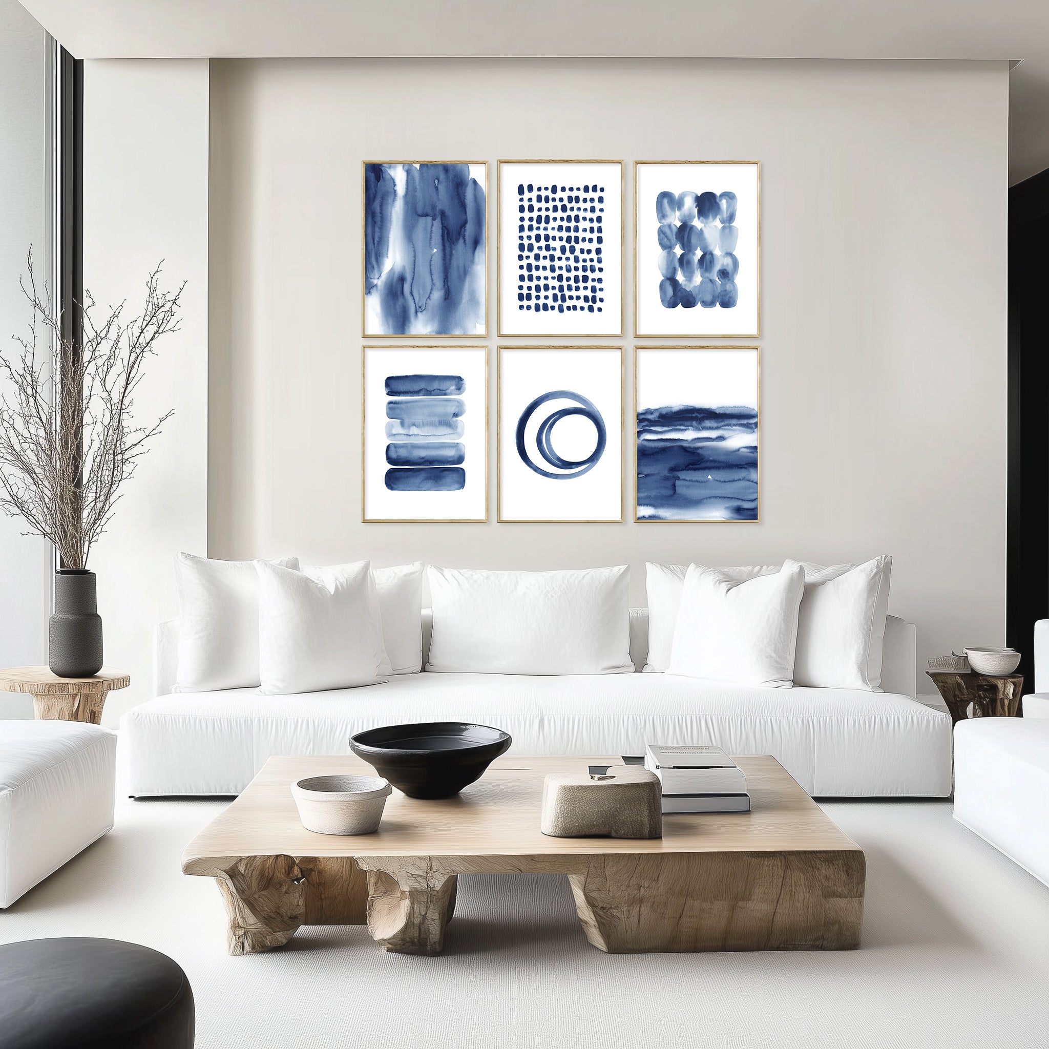 set of 6  navy blue abstract wall art watercolor prints, geometric blue wall art, above sofa indigo gallery wall, wabi sabi living room decor, sea ocean inspired prints, large digital download