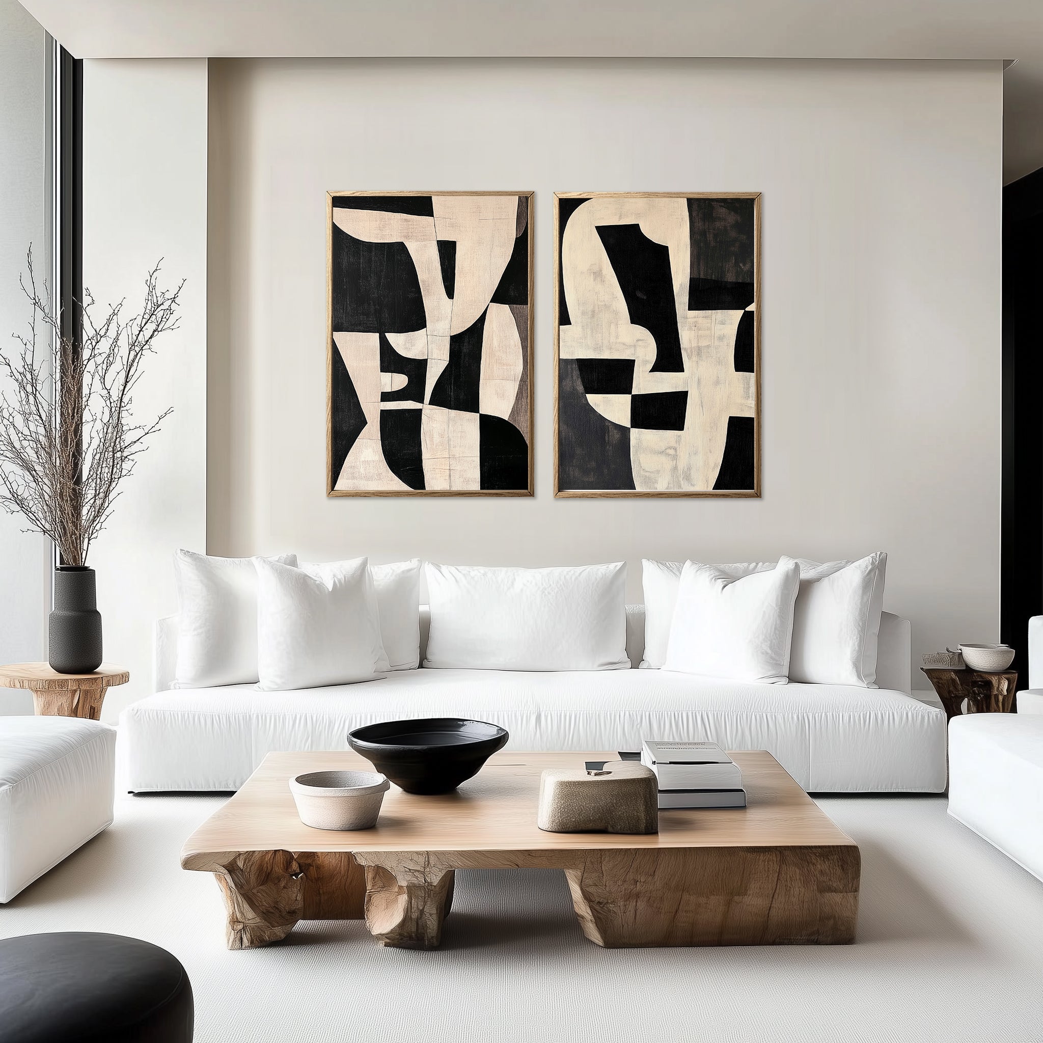 Abstract black and beige wall art set of 2 above white sofa in modern living room, minimalist neutral decor, japandi abstract prints set, large digital download