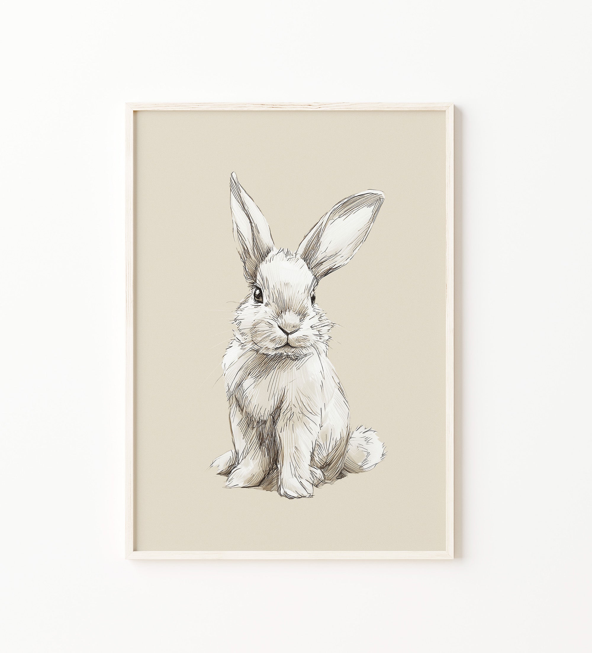 Neutral woodland bunny wall art in a light wood frame on a white wall featuring a rabbit sketch illustration. Scandinavian nursery decor, rabbit nursery print, woodland animal wall art, forest nursery artwork, baby room decoration, gender neutral nursery. large printable wall art, digital download